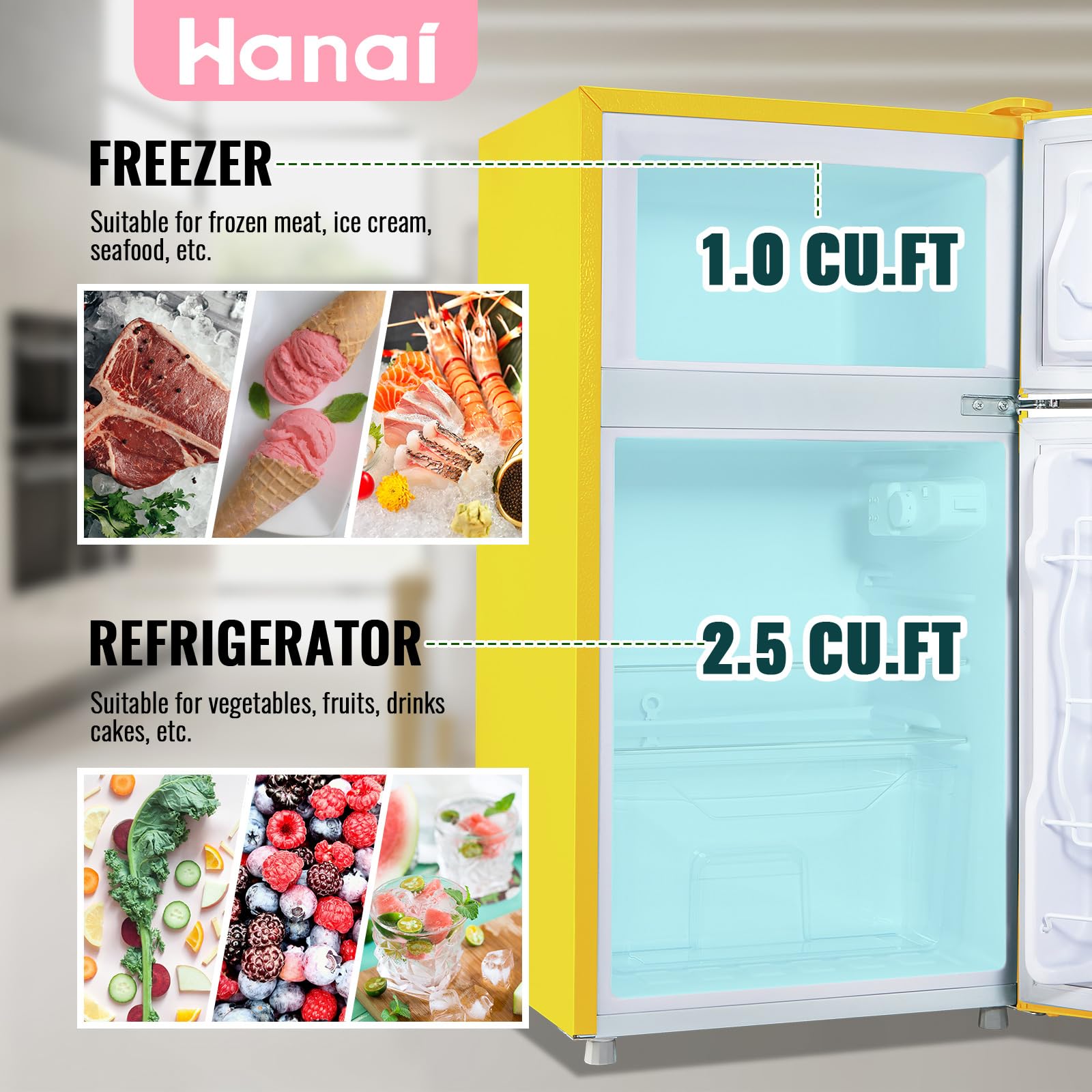 WANAI 3.5 Cu.Ft Small Refrigerators Retro Mini Fridge With Freezer Yellow Full-Sized Fridge Dual Door Dual Handle Classic Removable Glass Shelves Adjustable Thermostat For Home Office Dorm RV on Fridge.com - View 2