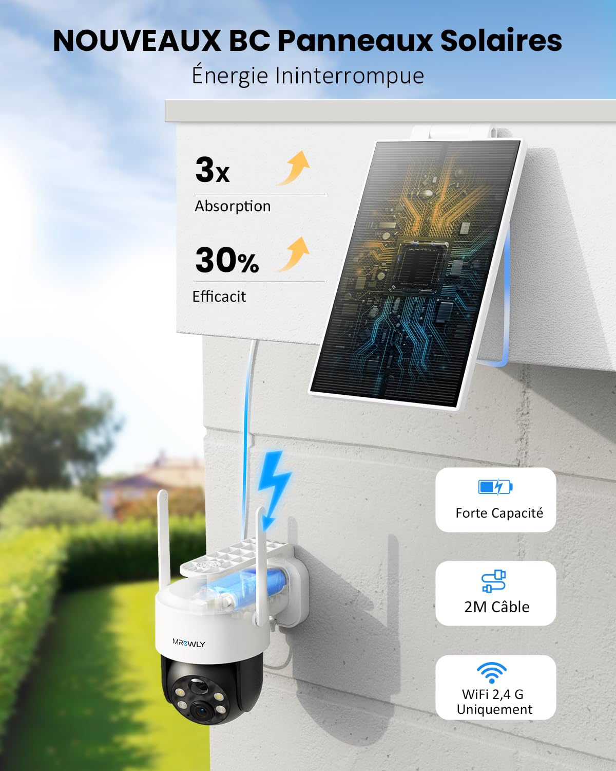 2K Camera Surveillance WiFi Exterieure sans Fil, Panneau Solaire Intégré ou Amovible, 360° PTZ 2,4GHz, Installation Facile Camera Solaire Batterie, Détecteur PIR, Vision Nocturne Couleur