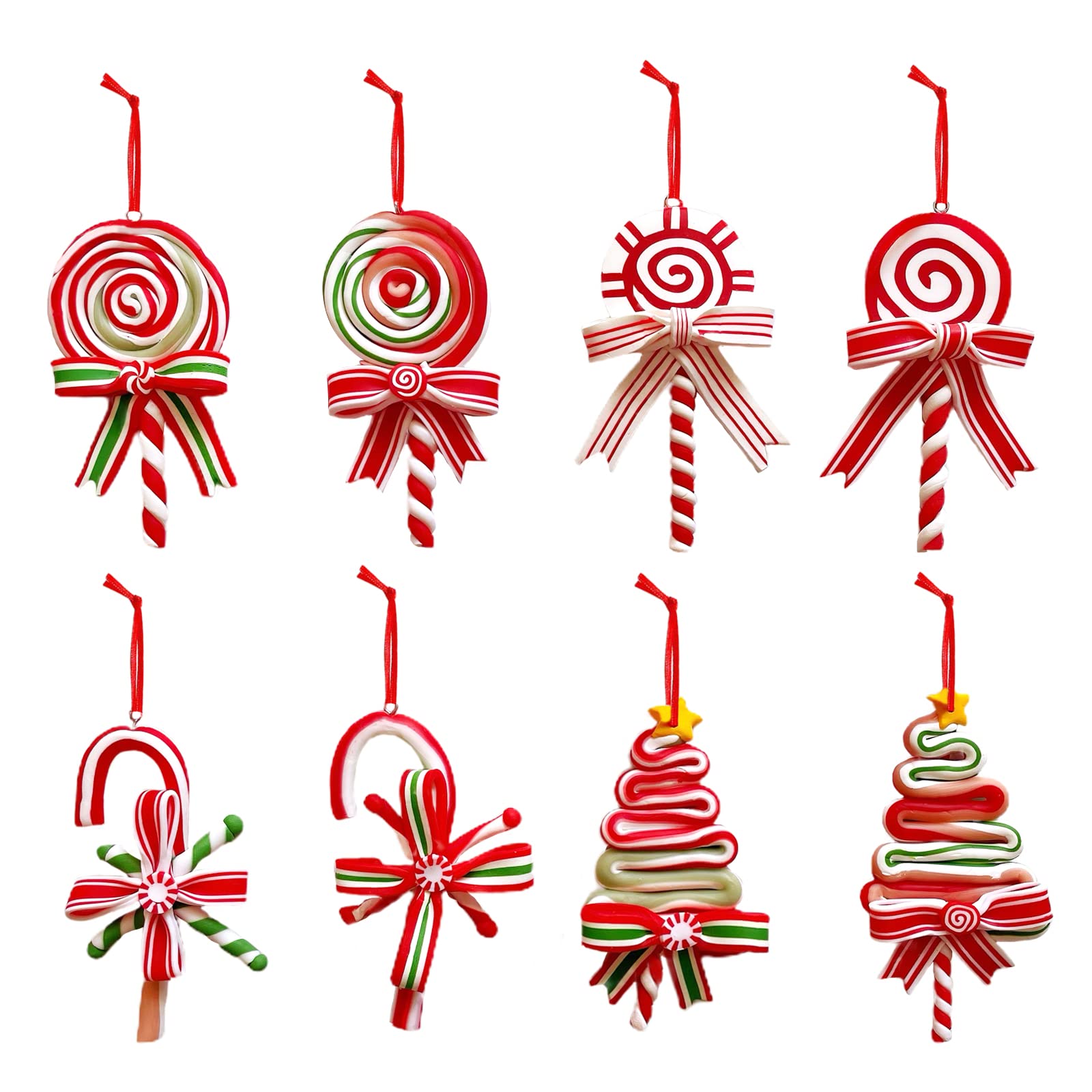 8 Pcs Christmas Tree Candy Ornaments Set Polymer Clay Lollipop Hanging Christmas Decor Candy Cane Ornaments for Xmas Tree Holiday Party Home Decor(#4)
