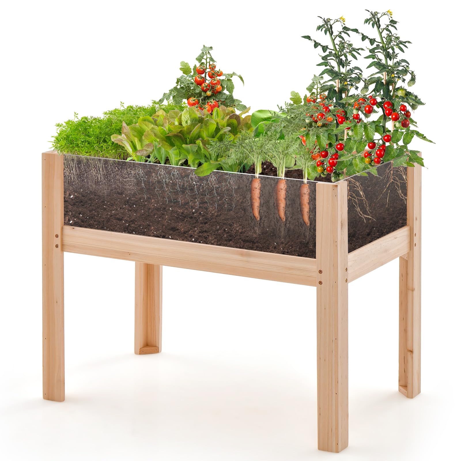 RELAX4LIFE Bancal alto de madera y acrílico, 130 L, con lados transparentes, huertos con agujeros de drenaje, bancal de cultivo con patas, para jardín, balcón, terraza (100 x 59 x 77 cm)