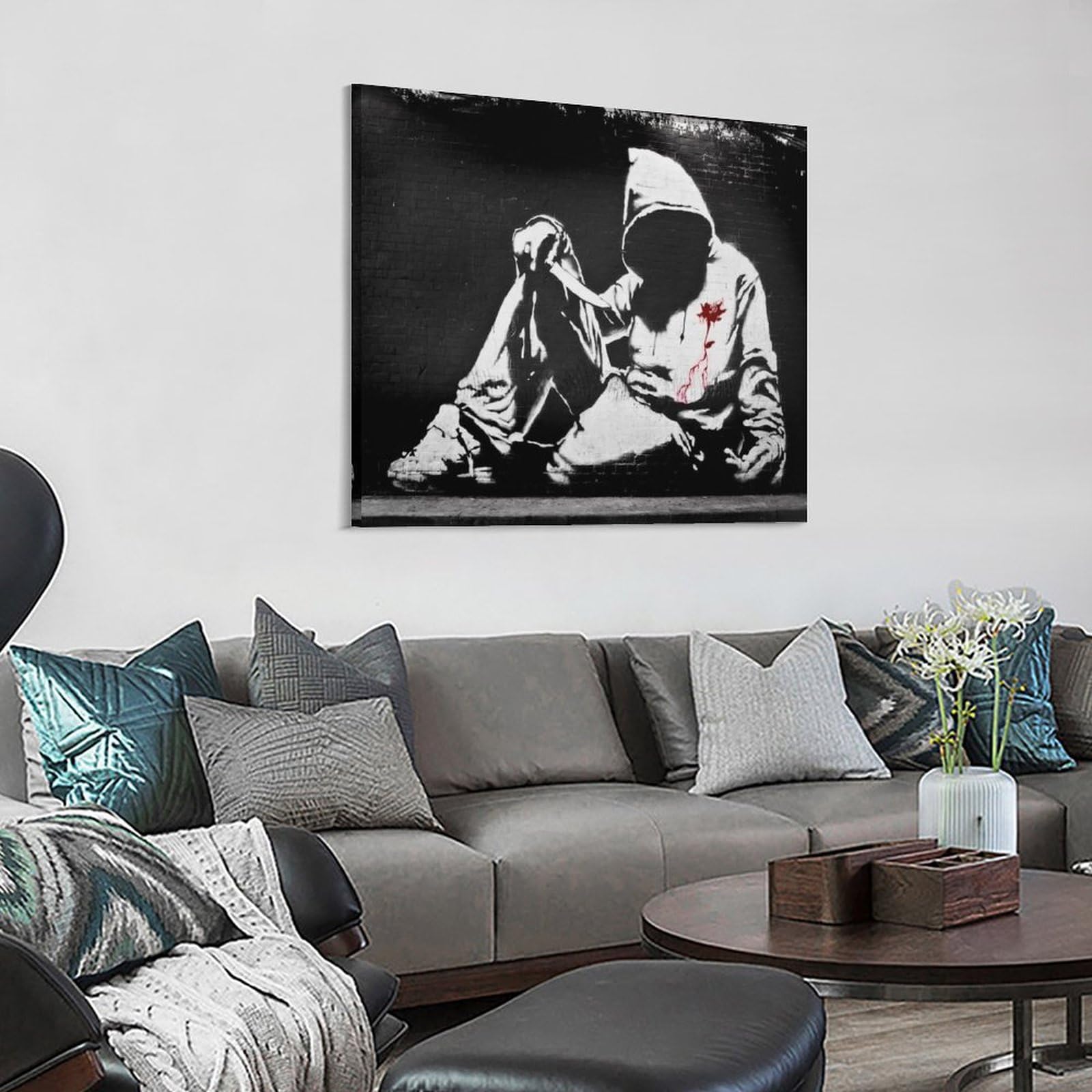 BANKSY アートプリントロングコート 黒 Mストリート モード ユニセックス セール】『ユニセックス』バルマカーンロングコート（ステン