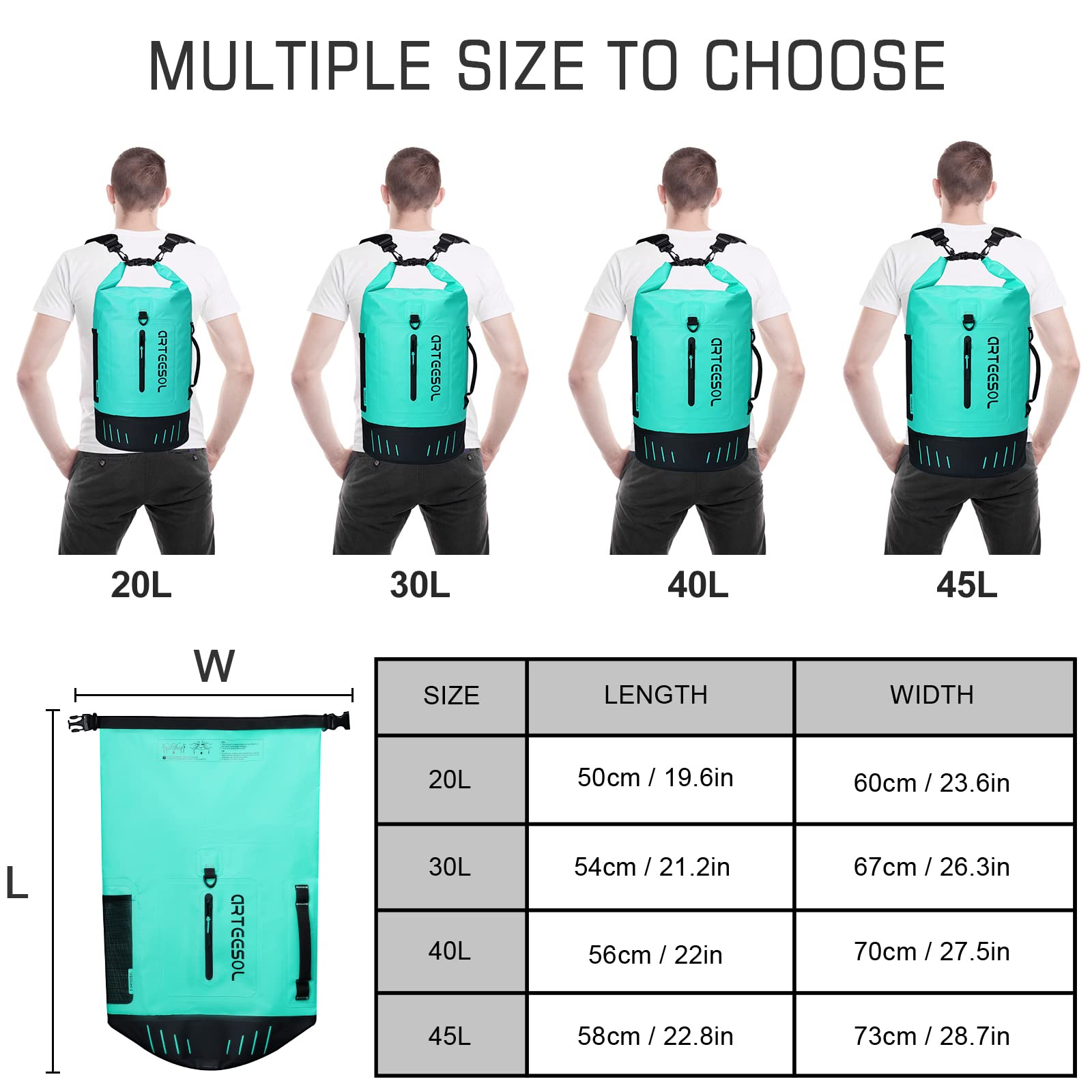 Dry Bag Aggiornato 45L/40L/30L/20L Multifunzione Impermeabile Borsa Dry Sack con Telefono Dry Bag o Spalline, Perfetto per Paddleboarding/Kayak/Canoa/Campeggio/Pesca/Nuoto/Rafting, Nero, 20L,, Verde