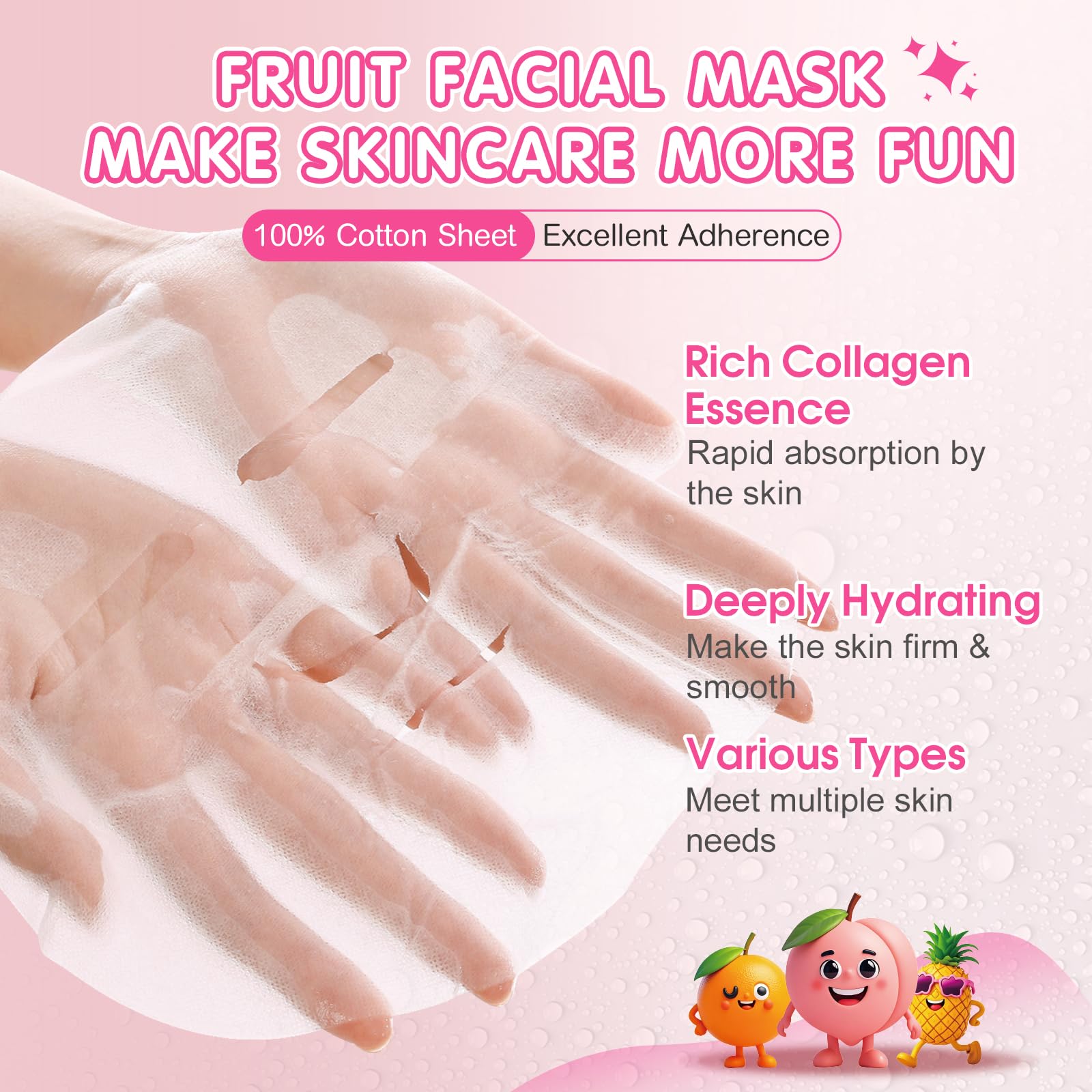 KONEUK Paquete de 14 mascarillas faciales de frutas para el cuidado de la piel de los niños, mascarilla hidratante para todo tipo de piel, máscara facial suelta de colágeno para
