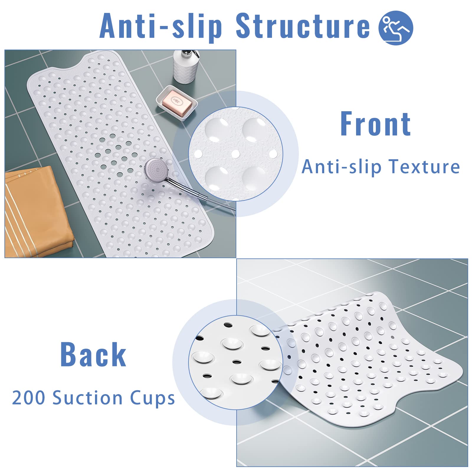 Tappetino Antiscivolo per Vasca da Bagno e Doccia,100 x 40cm Extra Lungo con Ventose Bath Mat Universale per Bagno, in PVC,Antibatterico,Resistente alla Muffa (Bianco)