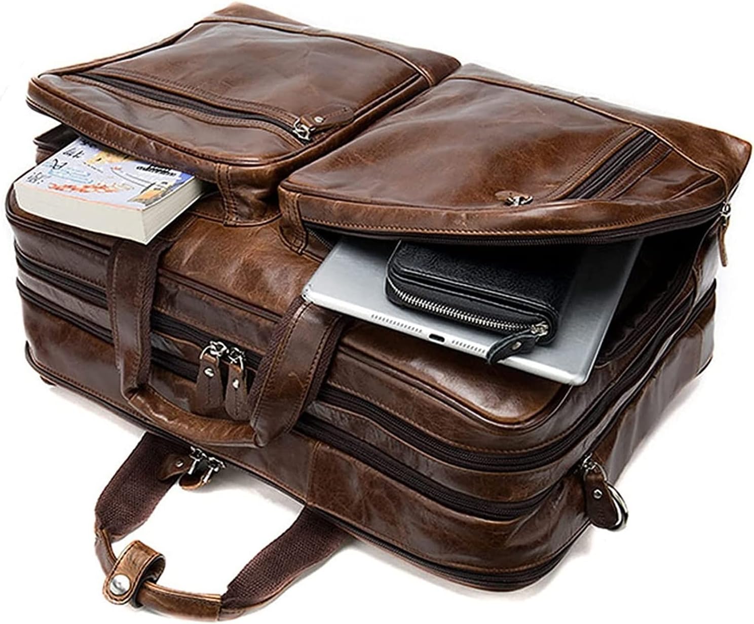 Vintage Leather Handbag 15.6" Laptop Crossbody Bag Expandable Briefcase Travel Business Shoulder Messenger bag
