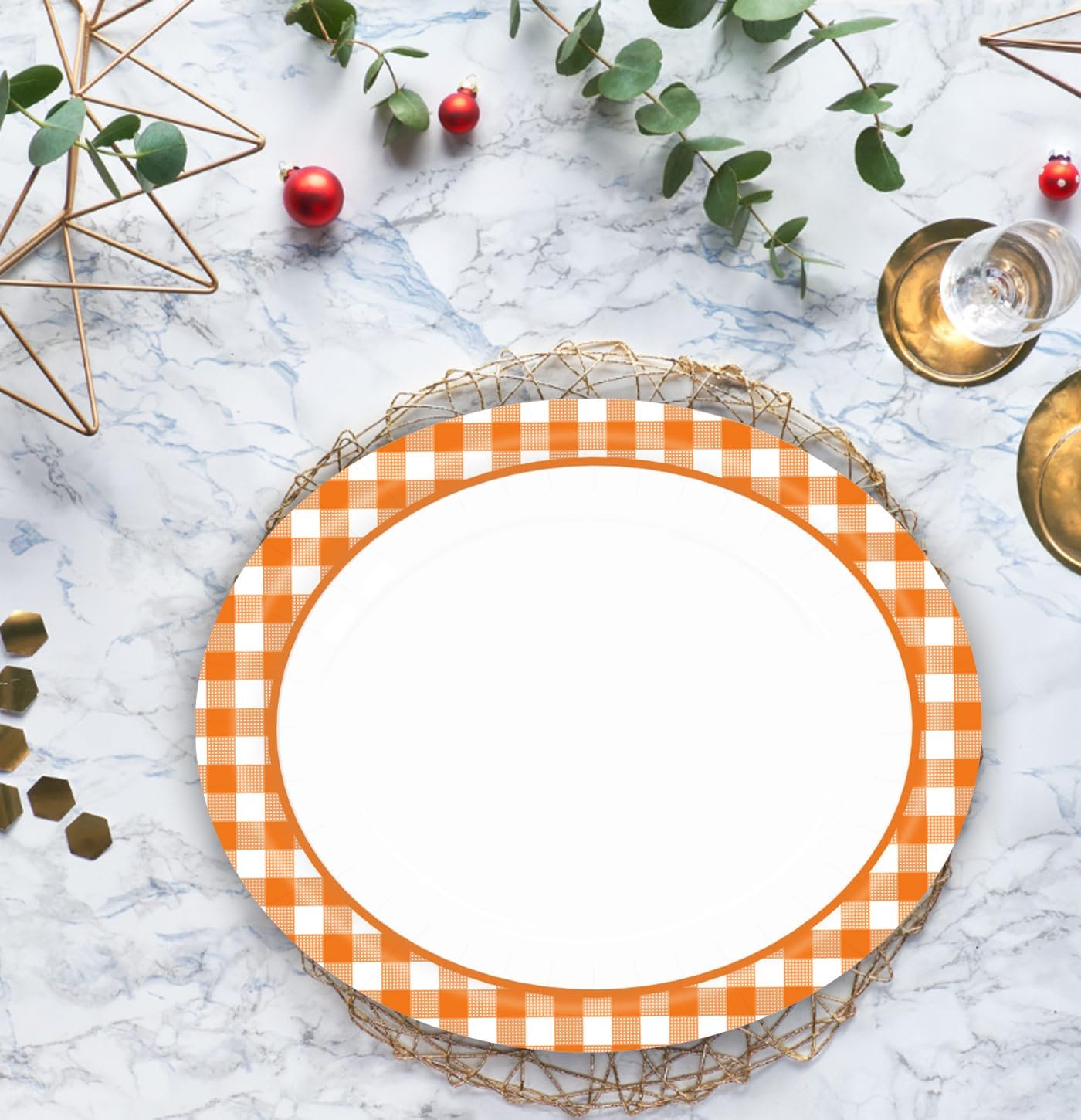 HEIPINIUYE 50 Pieces Orange Gingham Oval Paper Plates 10 X 12 Inch Orange and White Plates Disposable Dinner Plates for Thanksgiving Picnic Wedding Baby Shower Birthday Party Dessert Plates