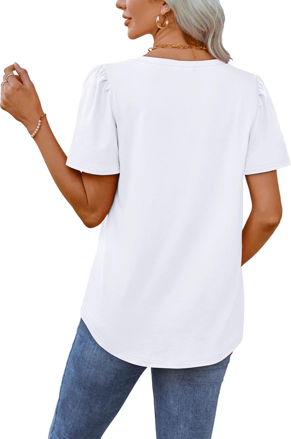 OFEEFAN T Shirts for Women V Neck Dressy Casual Blouses Puff Short Sleeve Summer Tops Loose Fit - Image 3