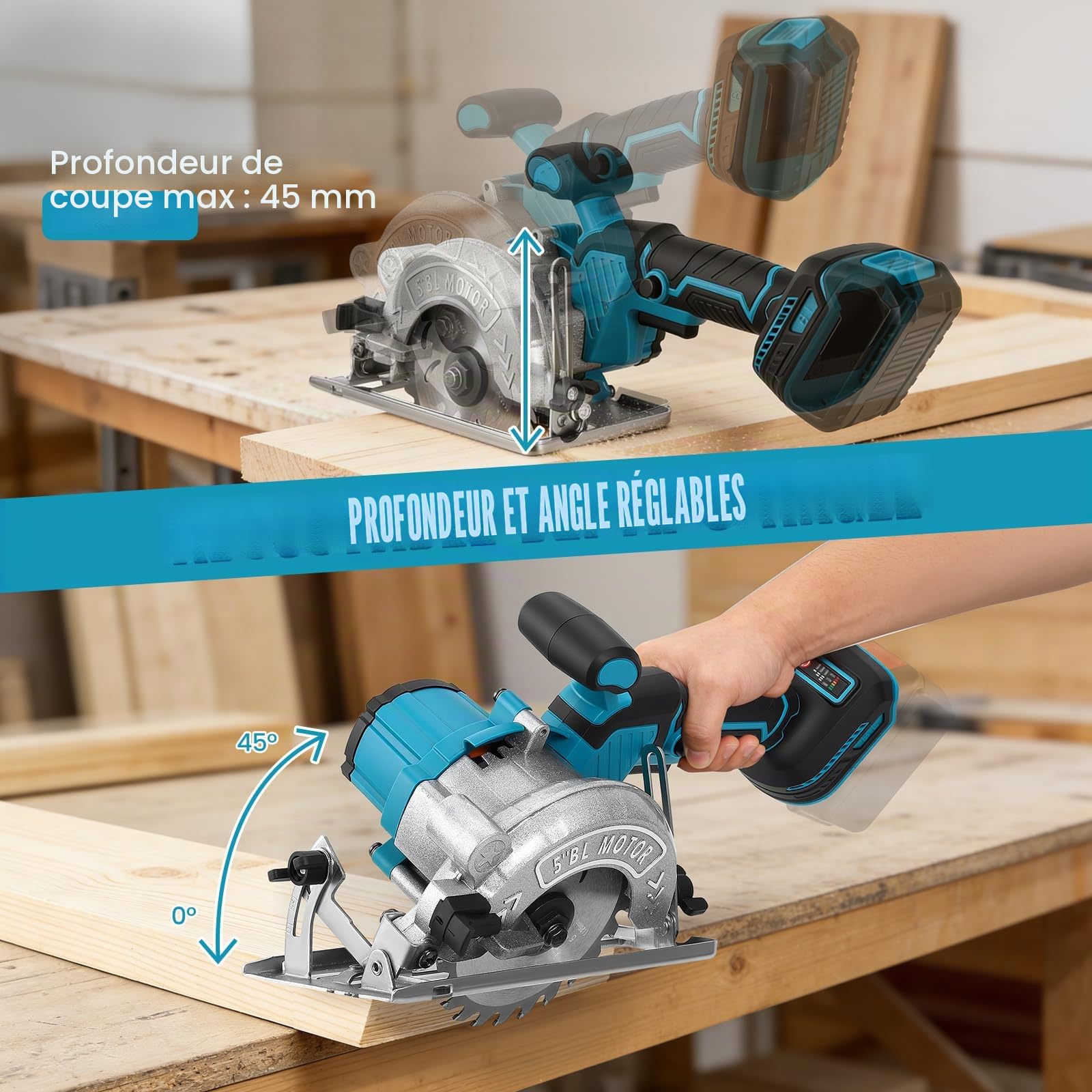 Scie circulaire sans fil pour Makita 18 V batterie, mini scie circulaire manuelle Sans brosse (sans batterie), 125mm 3 Lames, Profondeur de Coupe 45mm, Inclinaison 0-45°, pour Bois, Carrelage, Métal