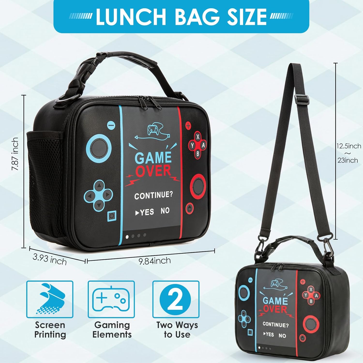 Beaulyn Gamer Lunch Bag for Boys,Large Capacity Insulated Lunch Box with Extra Mesh Bag Fit Ice Pack, Waterproof & Dourable PU Kids LunchBox with Adjustable Strap & Side Pocket for School Picnic - Image 2