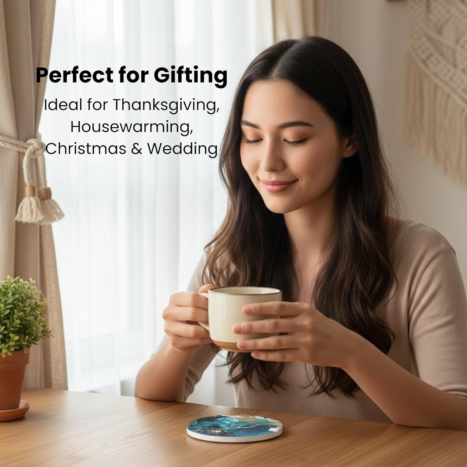 Colorful Stone Marble Coasters Set of 6, Cute Moisture Absorbing Coaster, Coffee Table Decor, Ceramic Absorbent Drink Coasters (Teal) - Image 11