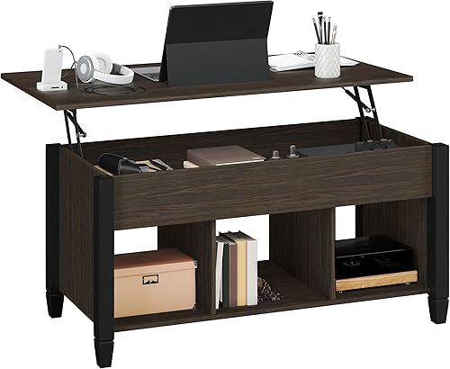 Miniatura 11 de Yaheetech - Mesa de centro con compartimento de almacenamiento oculto y estante, la superficie superior se levanta, mesa de comedor para sala de