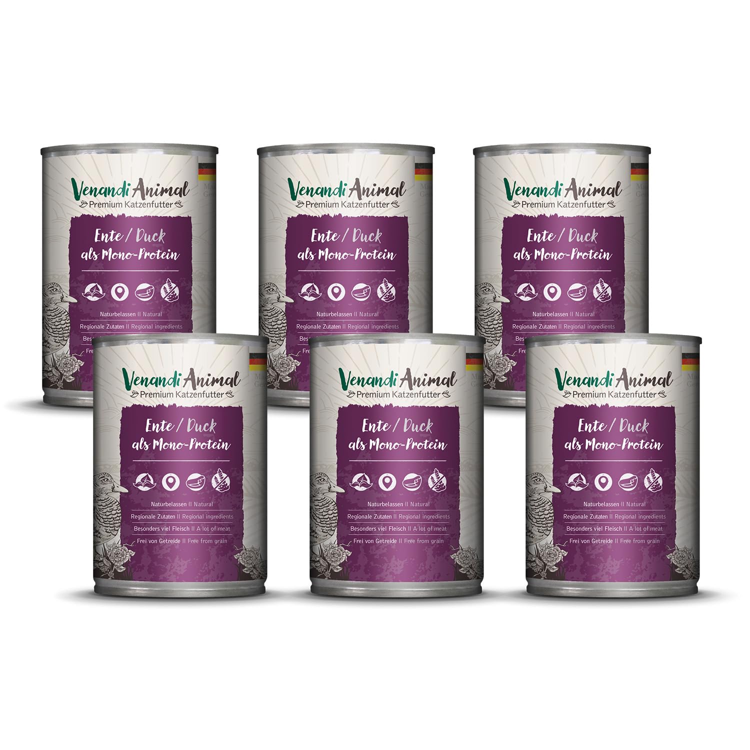 Venandi Animal Premium Cat Food, Duck as Monoprotein, Wet Food, Grain-Free and Natural, Pack of 6 (6 x 400 g)
