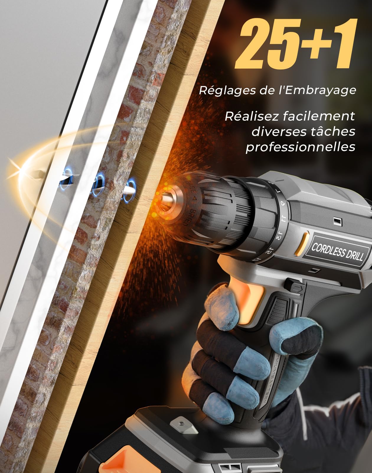 Perceuse Visseuse Sans Fil, 20V Visseuse Devisseuse Sans Fil, 25+1 Réglages de Couple, Perceuse-visseuse Max 42Nm Visseuse, LED, jeu de 56 Accessoires pour l'Entretien et le Bricolage, Gris