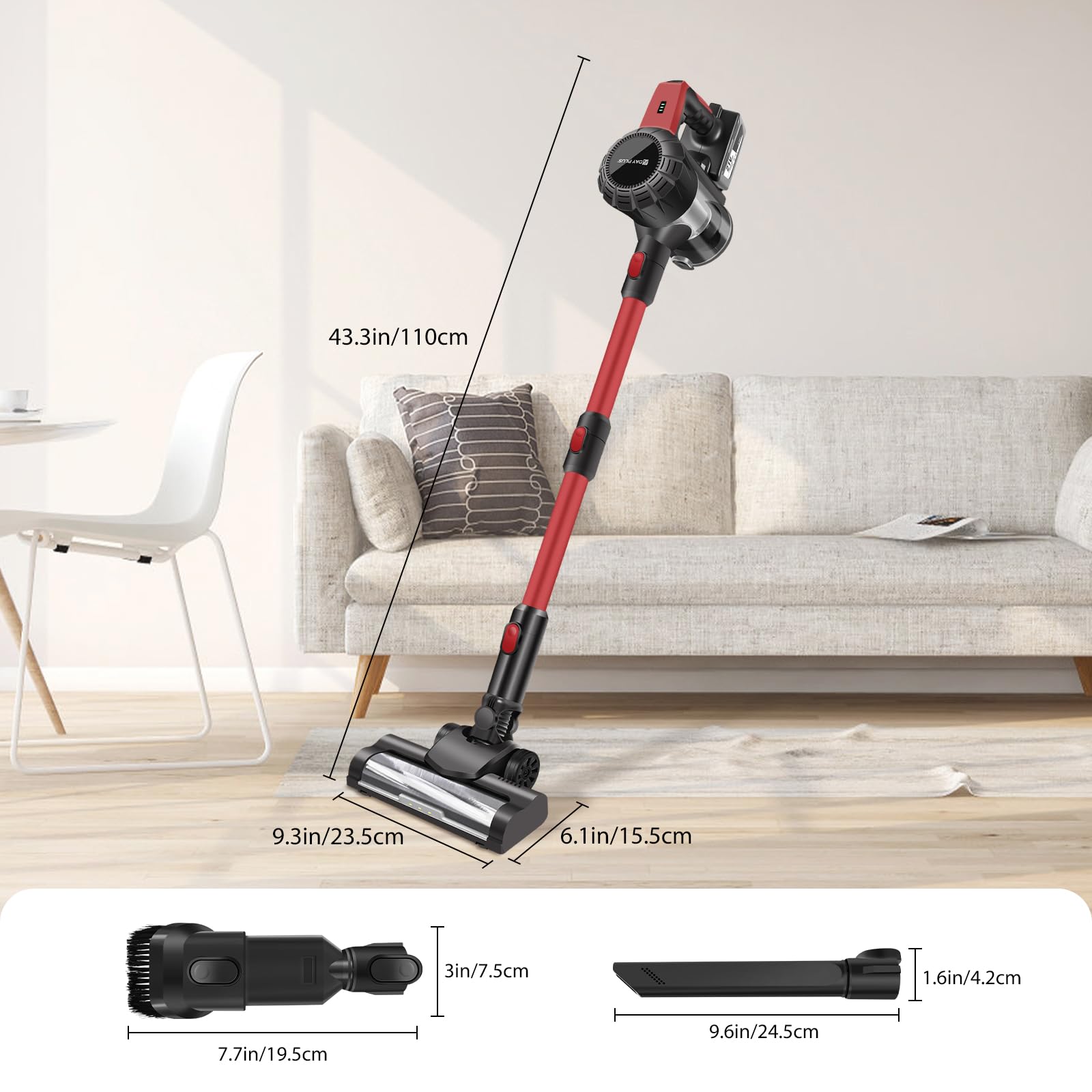 Kabelloser Stabstaubsauger, 15KPA aufrechter Staubsauger mit 3,0Ah-Akku, LED-Licht, 2 Geschwindigkeiten Ideal für Tierhaare, Teppiche und Hartböden