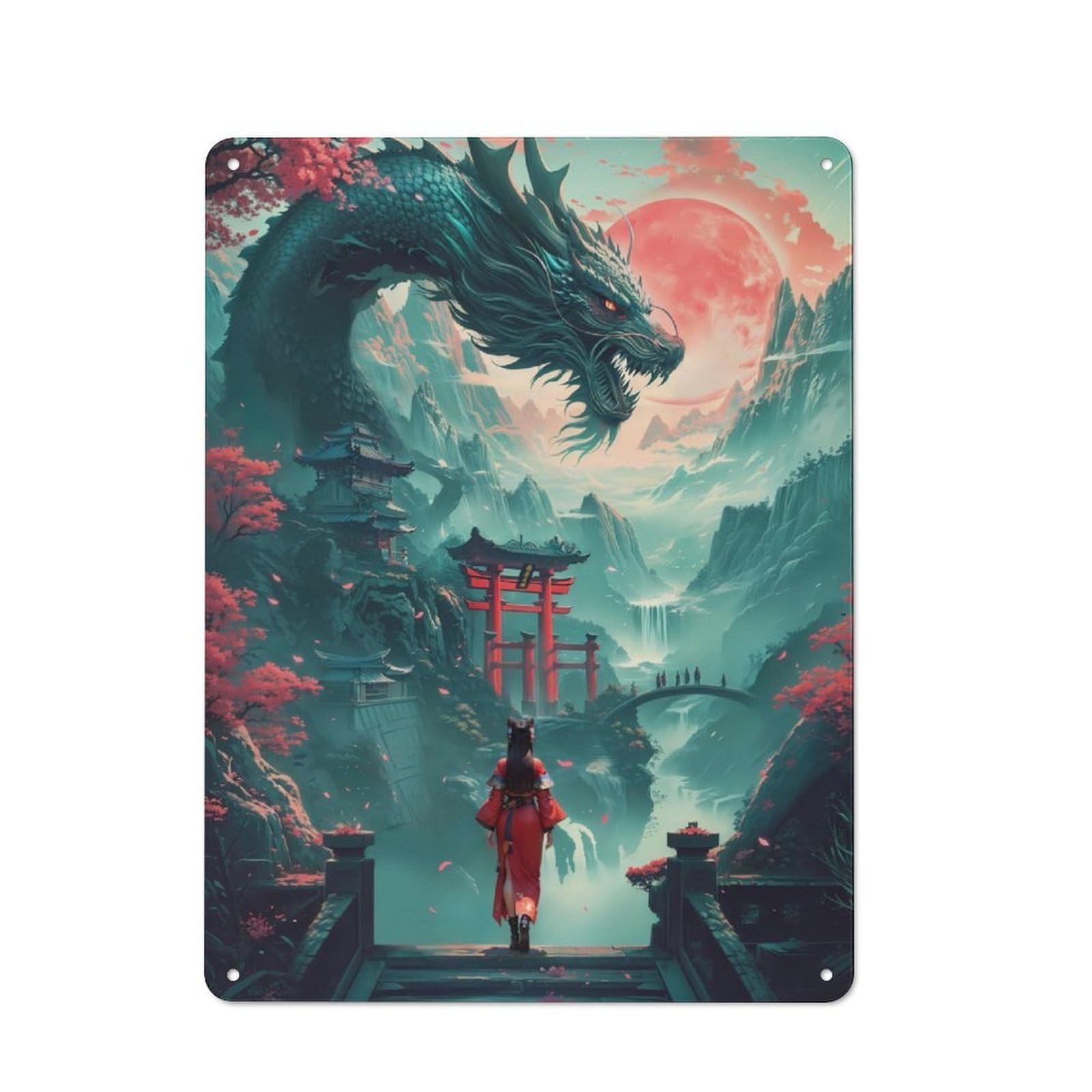 Junmoney Japan Dragon Geisha Cottage Style Country Metal Sign 40X30cm, Farmhouse Wall Decor For Farmhouse Kitchen, Pantry Or Dining Area