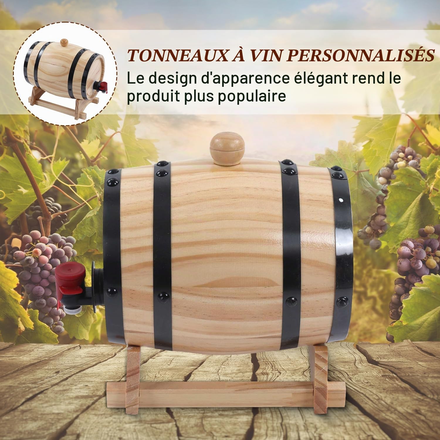 Tonneau à Vin avec Support, 1L Distributeur de Tonneaux à Vin en Bois Seau de Stockage Sans Fuite Fûts de Vieillissement de Fûts de Vin Fût de Whisky pour Bar de Restauration