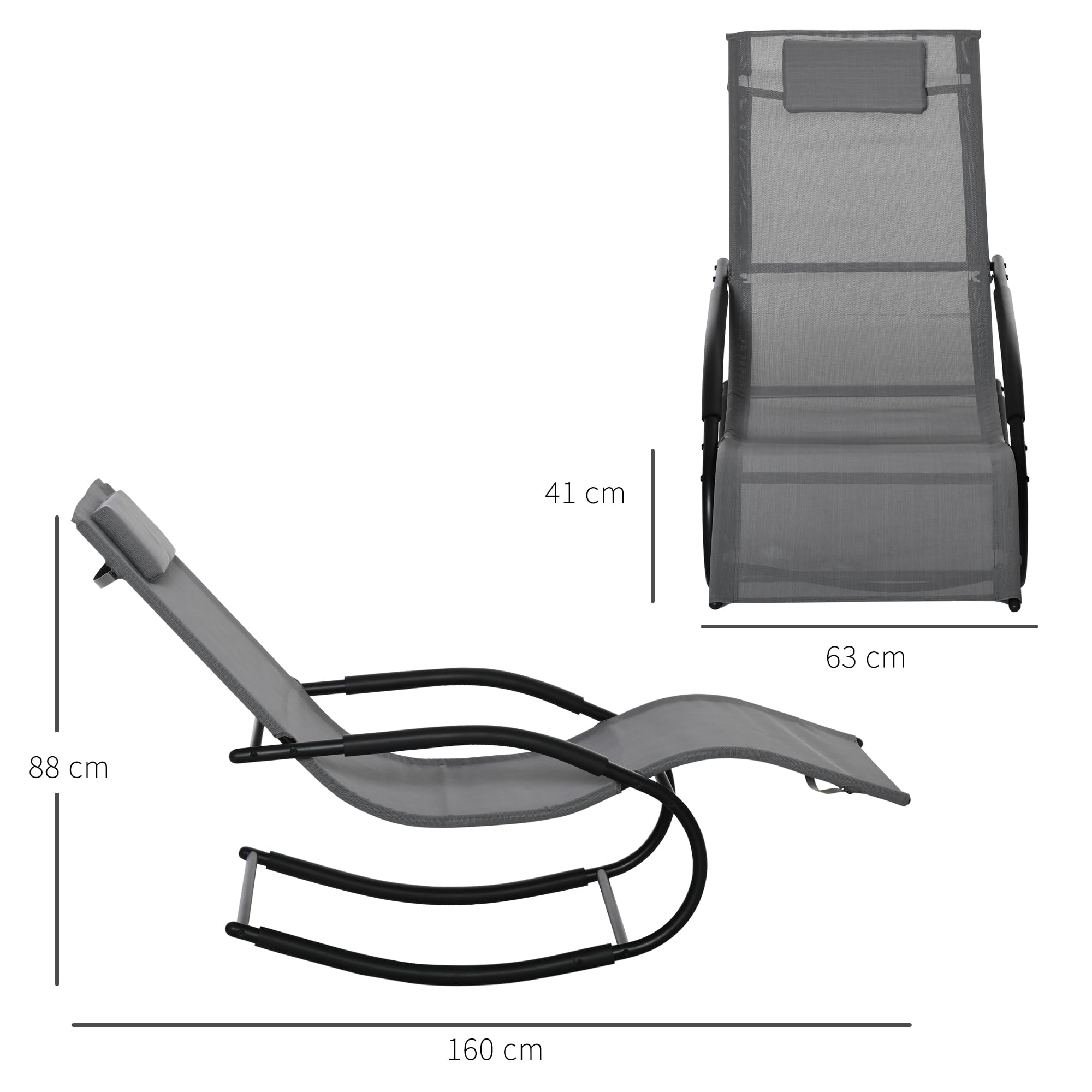 Outsunny Chaise Longue à Bascule Rocking Chair Ergonomique avec tétière accoudoirs métal galvanisé textilène dim. 62l x 150P x 84H cm Gris