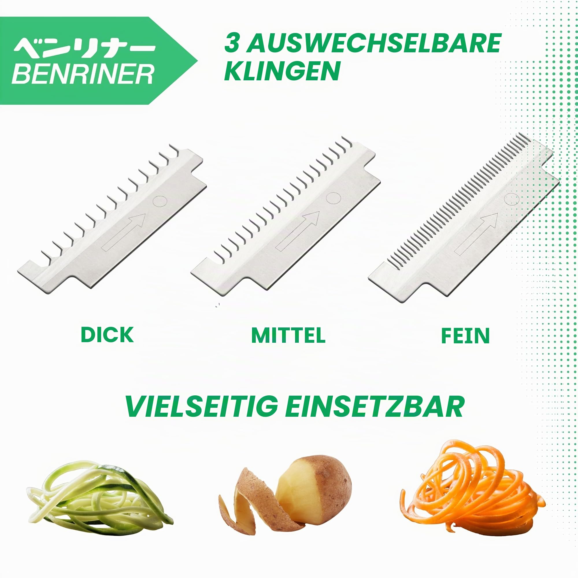 Benriner Japanischer Horizontaler Schneide und Hobel mit 3 austauschbaren Edelstahlklingen: Schäler und Spiralschneider für Gemüse, Kartoffeln, Zucchini-Nudeln, Hergestellt in Japan
