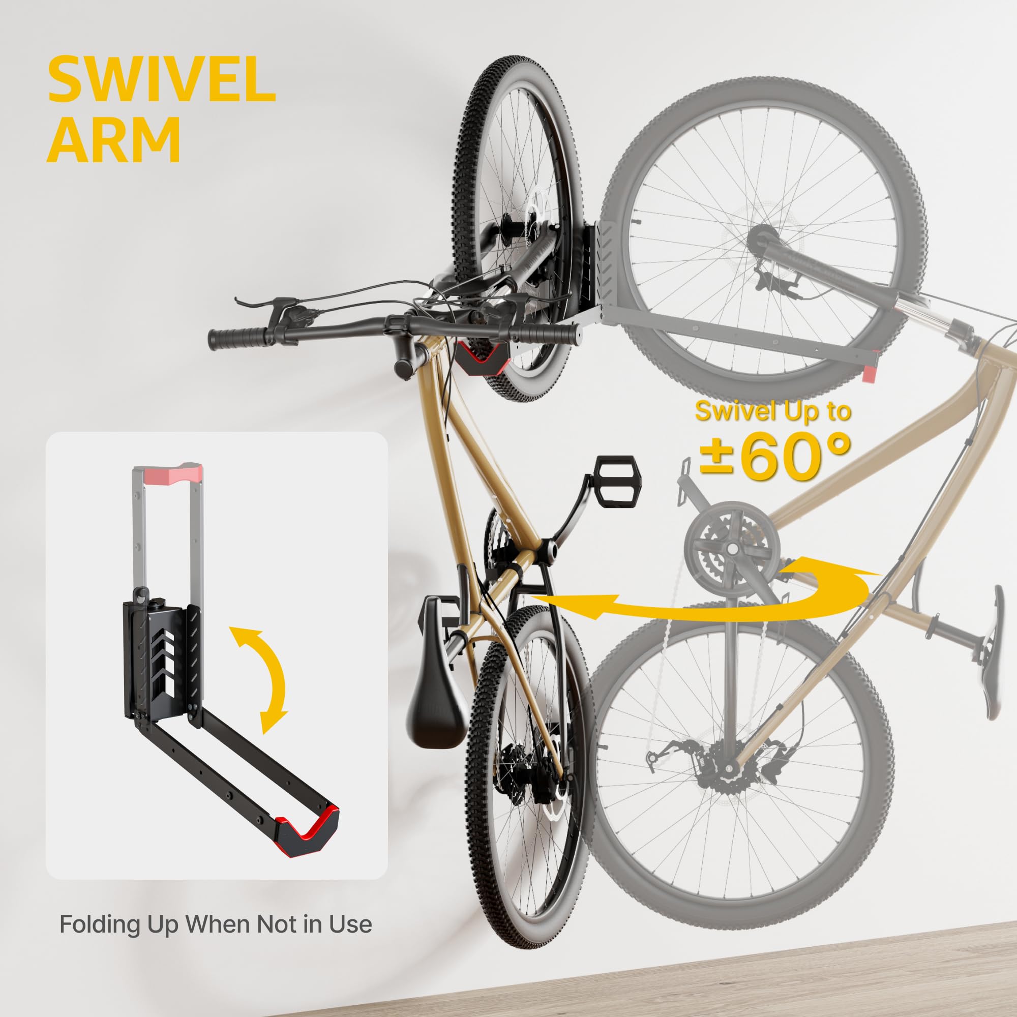 monTEK Fahrrad-Wandhalterung, schwenkbarer Fahrrad-Wandständer, kein schweres Heben, verstellbarer vertikaler Fahrradaufbewahrungsständer, hält bis zu 35 kg, Fahrradaufhänger für Garage, faltbare