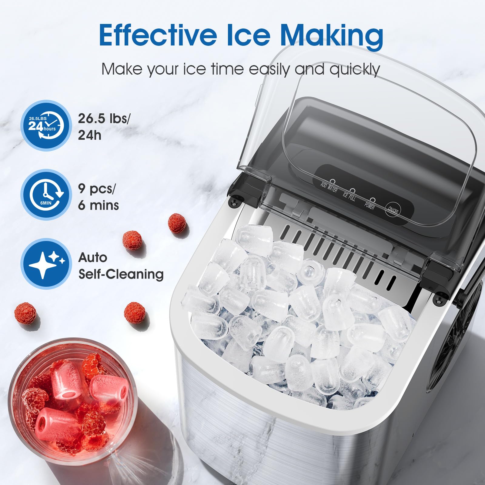 Joy Pebble Ice Maker Countertop with Handle, Self-Cleaning Portable Ice Machine with Basket and Scoop, 26.5Lbs/24H, 9 Cubes Ready in 6-8 Mins, for Home/Office/Kitchen, Stainless Steel on Fridge.com