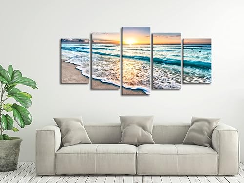 Miniatura 3 de Pyradecor 5 paneles azul playa amanecer ola blanca imágenes pintura sobre lienzo arte de pared moderno paisaje marino Giclée impresiones sobre
