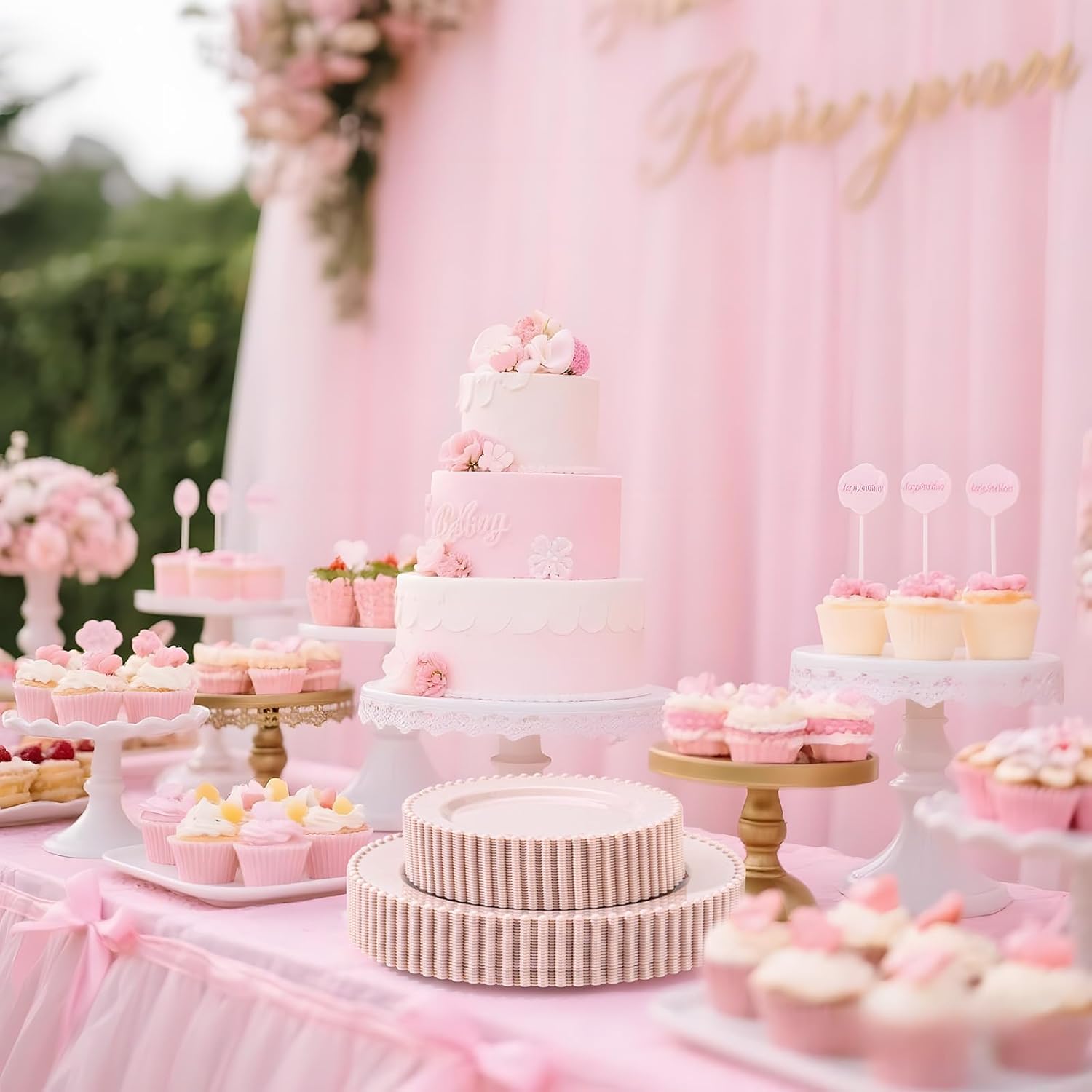 U-QE 60PCS Pink Plastic Plates - Heavy Duty Beaded Pink Valentines Plates for Valentine's Day, Party, Wedding - Serving 30 Guests Include 30PCS 10inch Dinner Plate & 30PCS 7inch Dessert Plate - Image 5