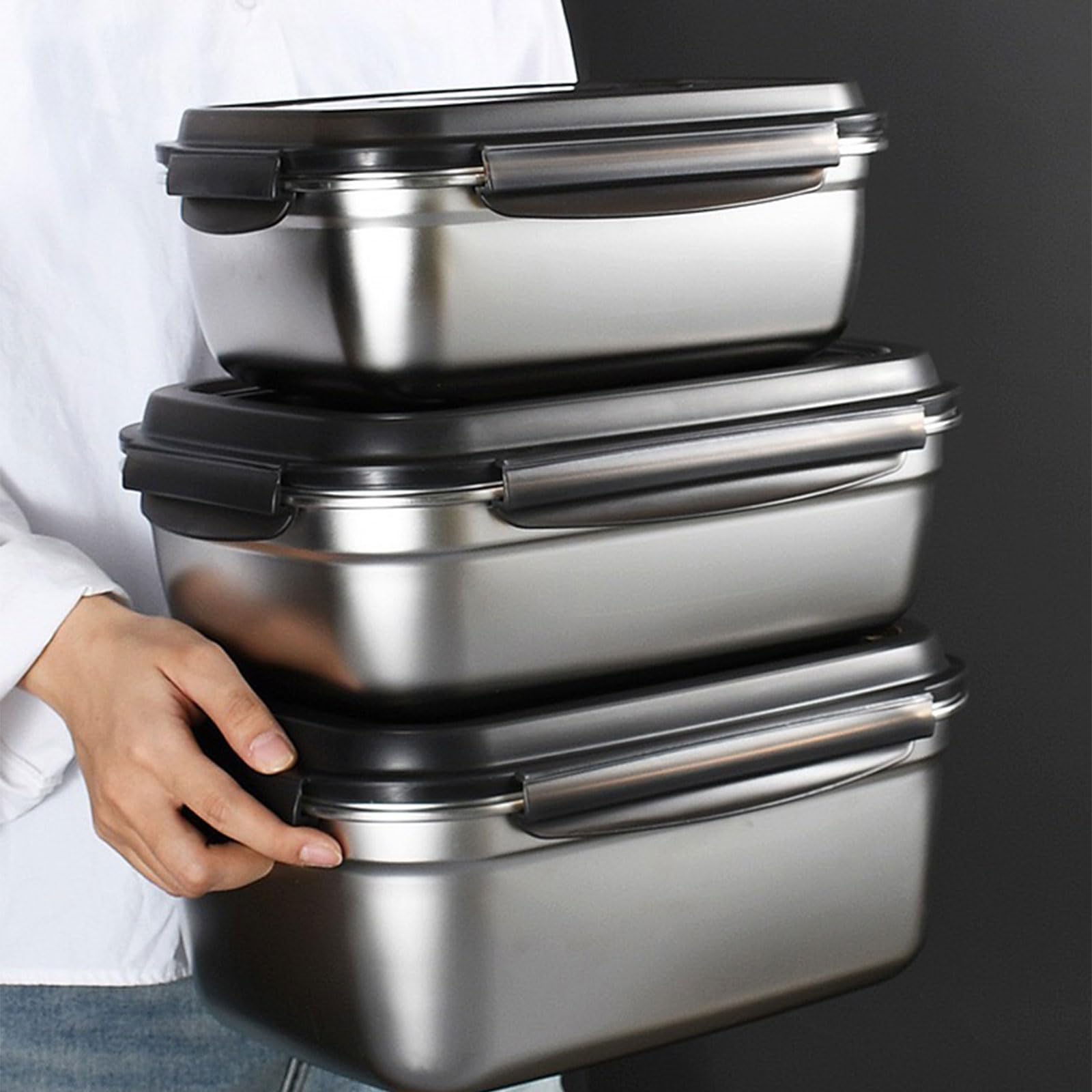 Contenedor de almacenamiento de alimentos de acero inoxidable sellado con cubierta segura para mantener las comidas frescas, ideal para cocina, oficina, almuerzo