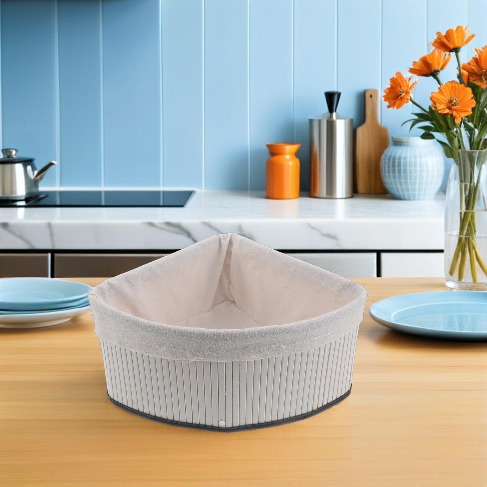 Cesta Organizadora de Bambú en Forma de Abanico Triangular para Armarios con Diseño Tejido y Forro, Maximiza Espacio en Esquinas para Cocina y Dormitorio