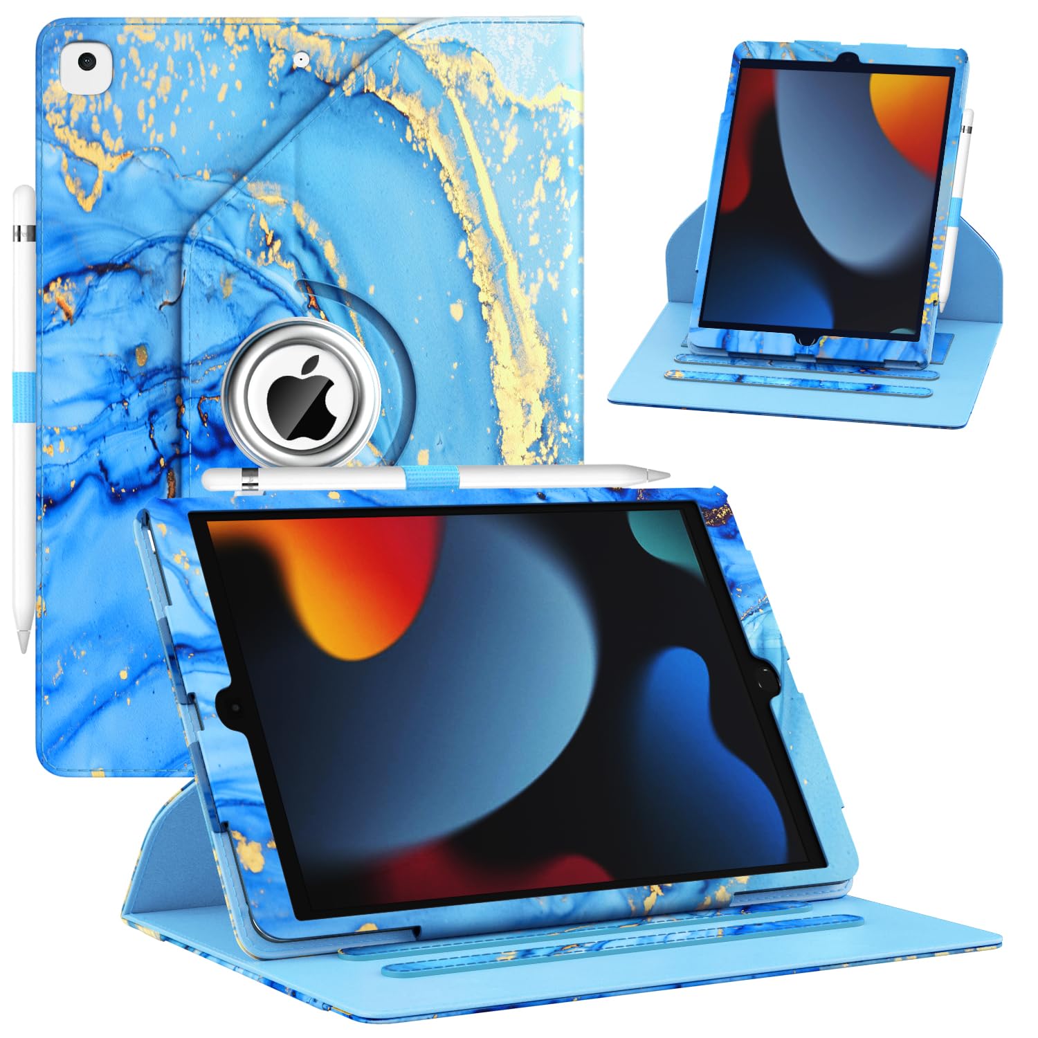Case for iPad 9th/ 8th/ 7th Generation, iPad 10.2 inch Case 2021/2020/ 2019, 360 Degree Rotating Stand, iPad 9 8 7 Gen 10.2'' Leather Cover with Pocket Design & Pencil Holder, Marble Blue