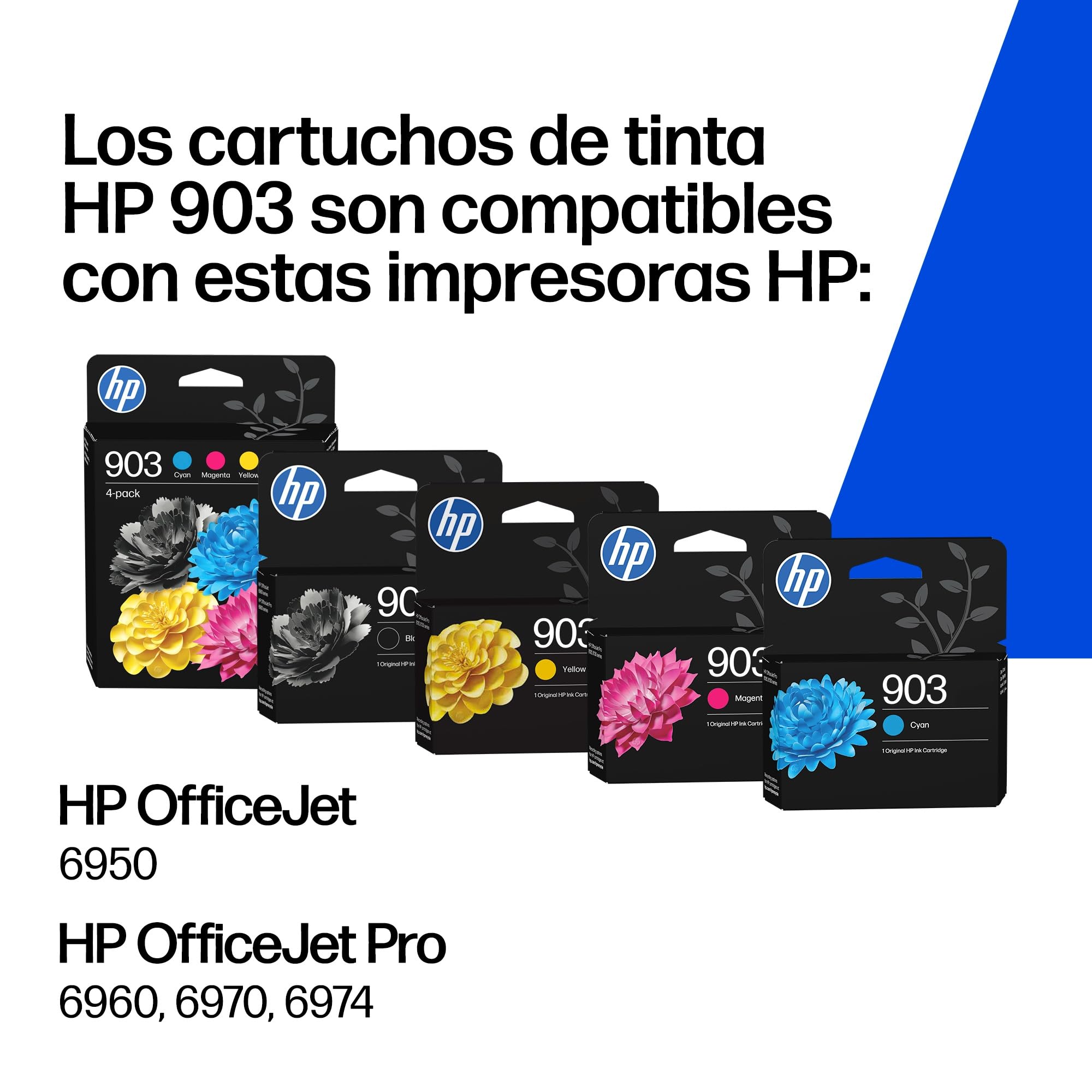 HP 903 Negro, Cian, Magenta, Amarillo, Pack de 4 Cartuchos Tinta Originales | Compatible con OfficeJet 6950, OfficeJet Pro 6960, 6970, 300 páginas (6ZC73AE)