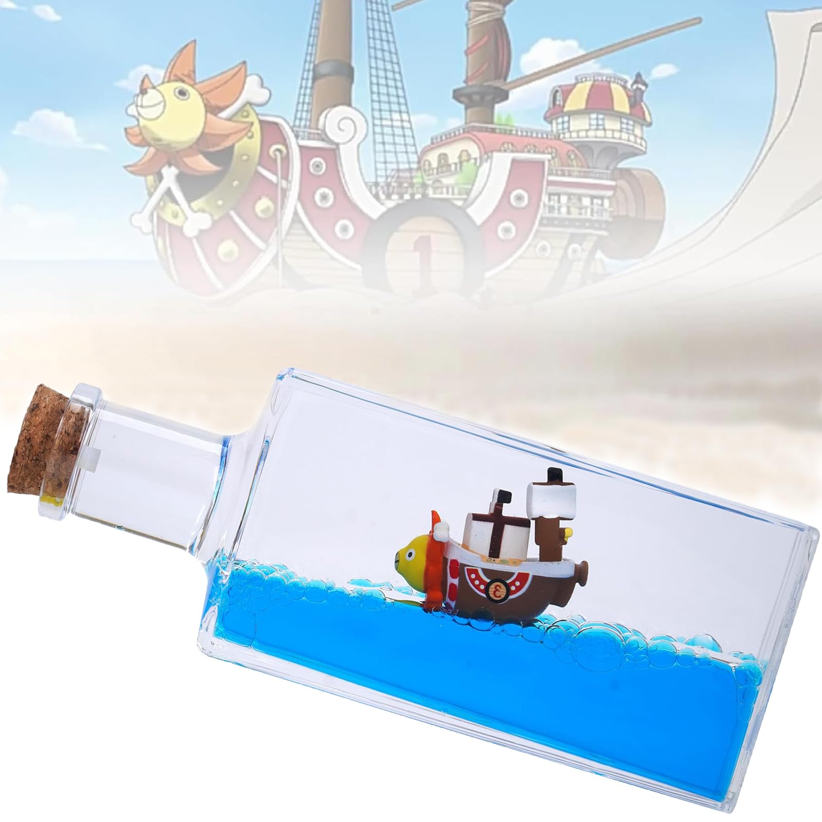 Unsinkable Thousand Sunny Pirate Ship in a Bottle Box Decorations, Non Sinking OP Anime Boat Fluid Drift Bottle Ornaments Desk Decor Gifts