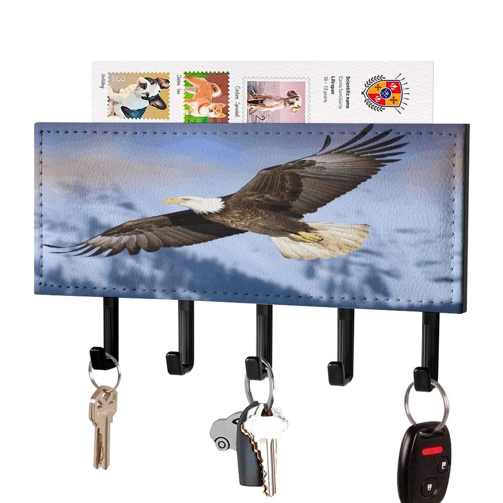 FekiLoot Bald Eagle Flying Key Holder for Wall Decorative Mail Organizer with 5 Key Hook Self Adhesive Key Rack with Tray Coat Rack Wall Mount Key Hanger Decor for Entryway Door