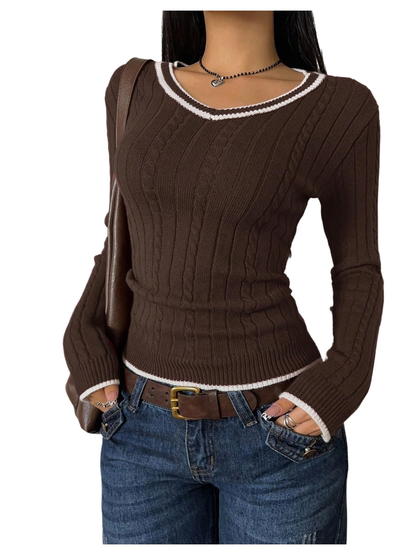 SOLY HUX Womens V Neck Sweater Cable Knit Long Sleeve Slim Fit Pullover Jumper Tops Fall Clothes