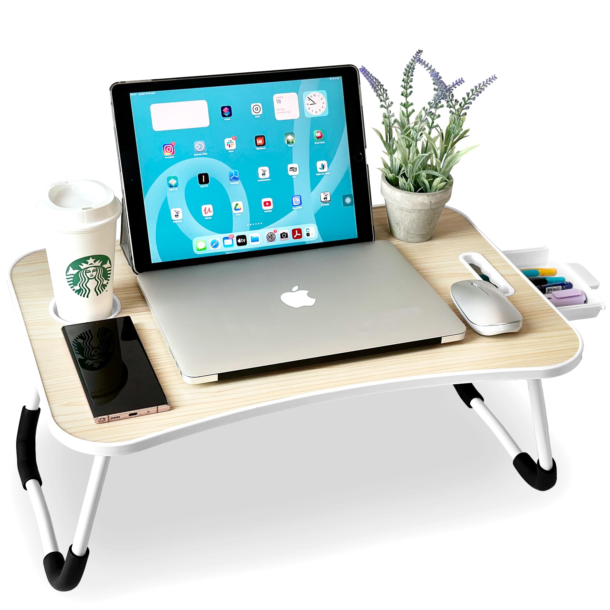 unycos - Bandeja para Cama, Mesa Plegable de Desayuno, Ideal para Portátil, Ordenador y Libros, Ergonómica, Mesa Auxiliar con Atril para Leer en la Cama 60x40x26 cm (Madera con Cajón)