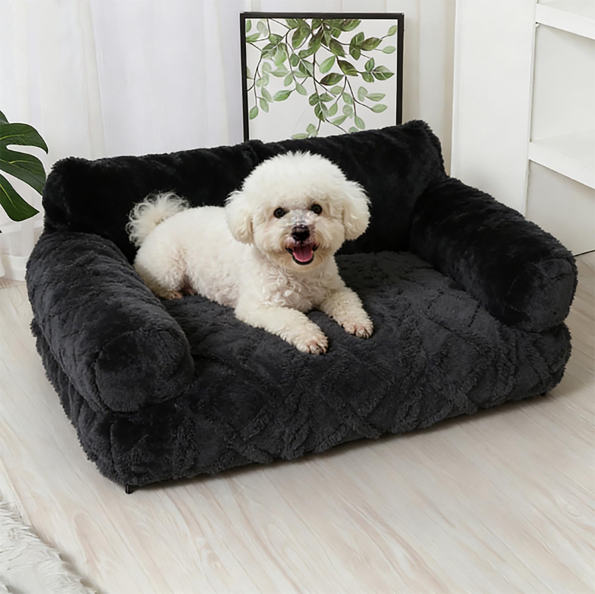 Plush Calming Pet Sofa Bed, Fluffy Dog Couch Bed with Removable Cover, Soft Washable CatBed (Dark Grey,S:17.7 * 15.4 * 8.3 in)