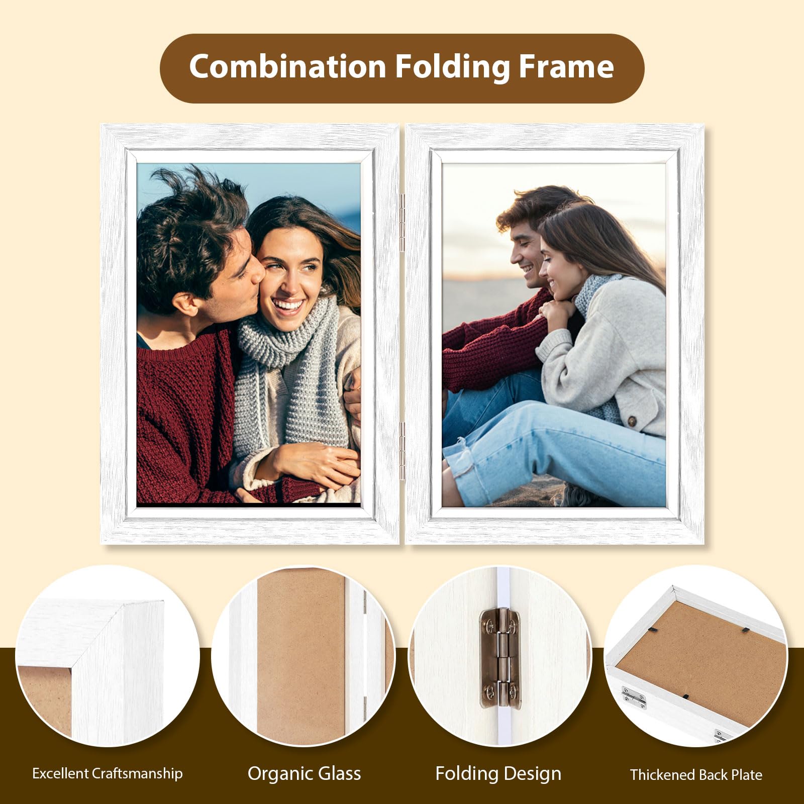 Gatphy Double Sided Photo Frame 4x6 Hinged Folding Wood Picture Frame with Definition Glass Stand Hinged Photo Frame Vertical on Desktop Folding Family Frames Collage Hold 2 Photos (Double White) - Image 2