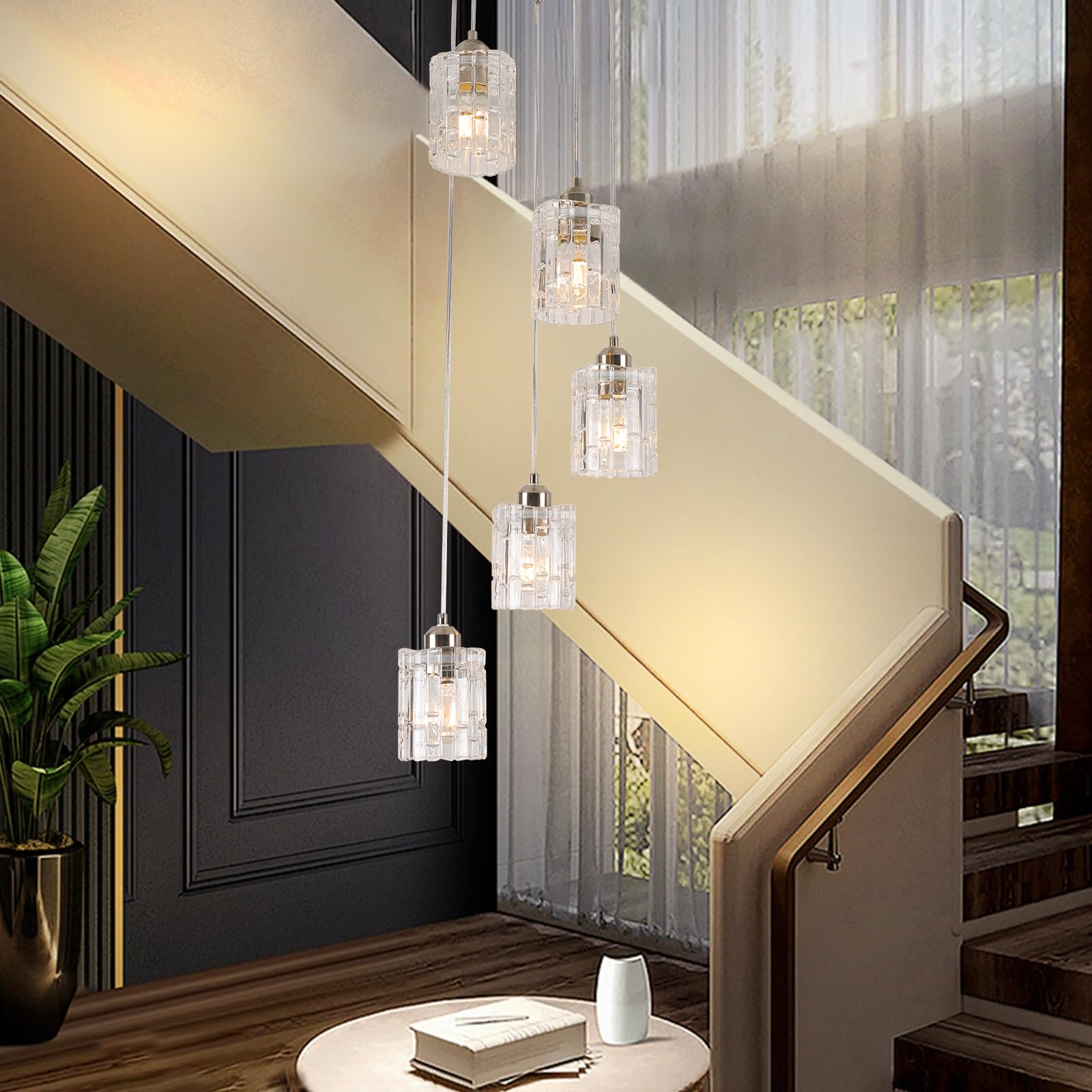 xychfantligh Long Modern Crystal Pendant Light, Chandeliers for High Ceilings, Chrome 5 Lights Spiral Drop Lamp, Hanging Flush Mount Chandelier for Staircase Foyer Entryway Living Room