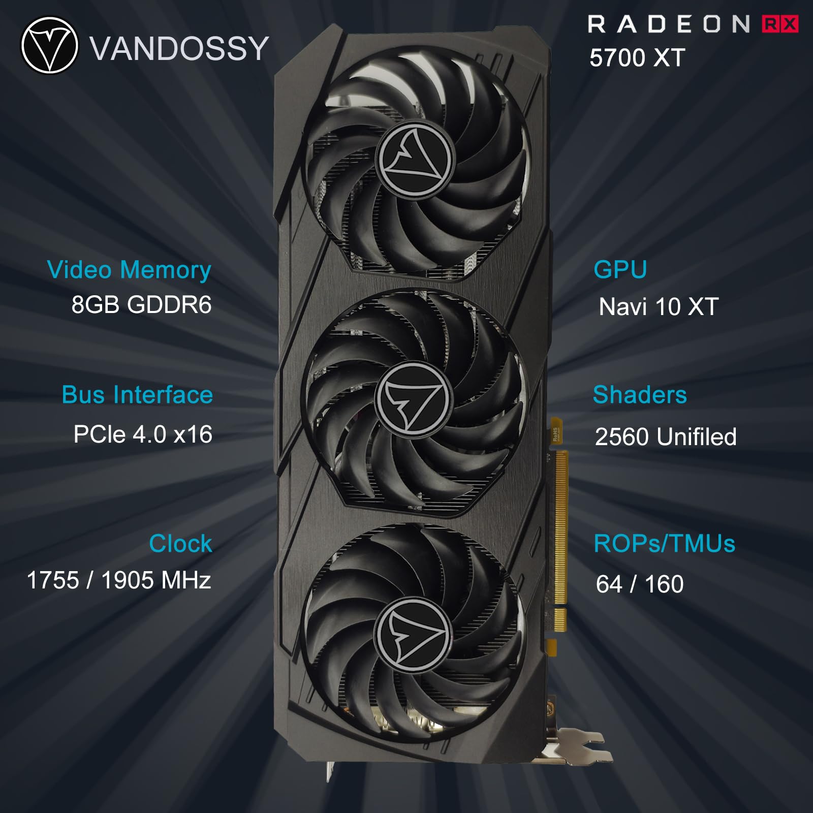 Tarjeta gráfica Radeon RX 5700 XT, 8 GB GDDR6 256 bits RDNA arquitectura 1755/1905 MHz (reloj base/Boost) DirectX 12 HDMI DP PCIe4.0 2K PC Gaming Tarjeta de video para juegos de oficina (RX 5700 XT