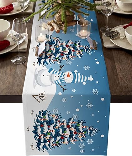 Camino de mesa de Navidad  Algodón y lino de 36 pulgadas, muñeco de nieve azul rústico copo de nieve para corredor de cama, mantel de Navidad de