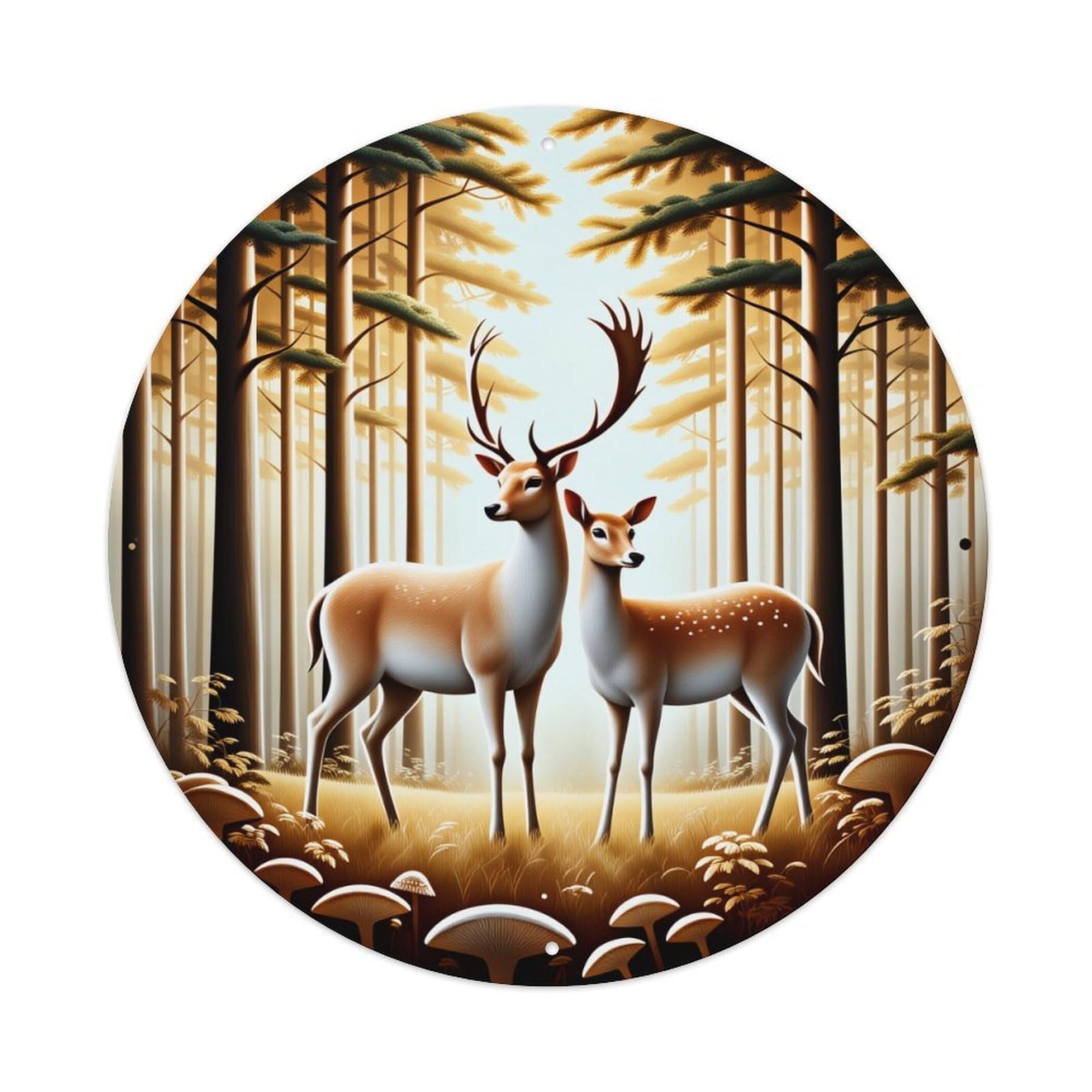 Deer Forest Mushrooms Sunlight Trees Metal Tin Sign Vintage Garden Bedroom Cafe Bar Man Cave Home Wall Decor Metal Poster 8x8 inches
