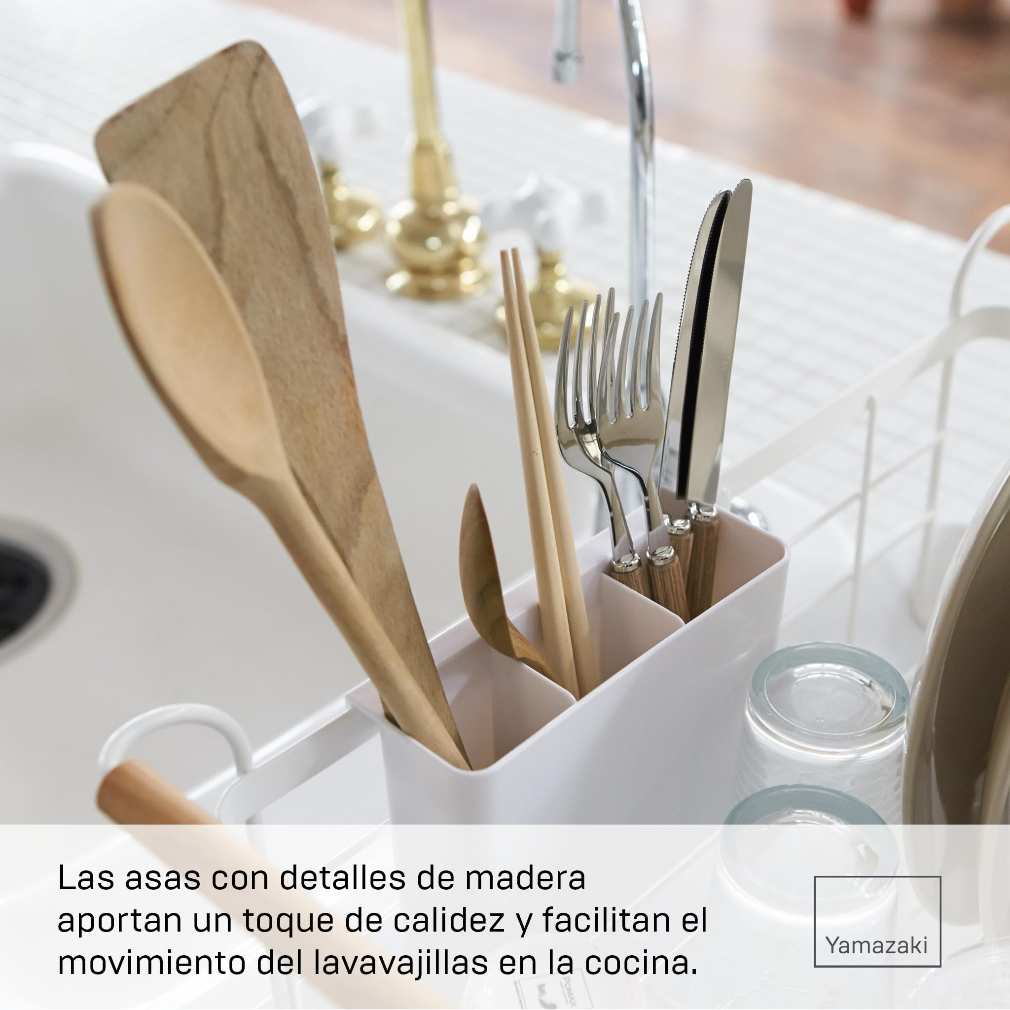 Yamazaki 3107 Tosca Dish Drainer, White, Steel/Wood/ABS Resin, 47 x 33.5 x 20 cm