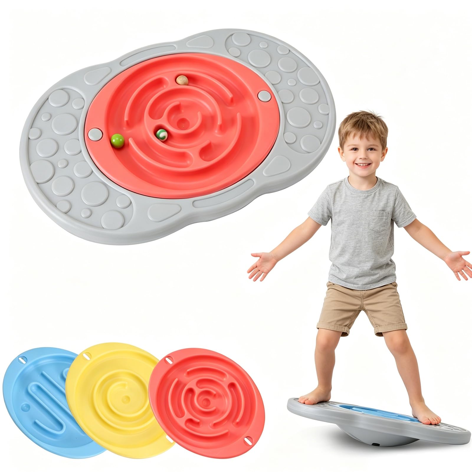 Balance Board mit Labyrinth für Kinder, Labyrinth Wackelbrett Schaukelwippe Sensorisches Training mit 2 Bällen & 2 Ersatz-Labyrinthscheiben, rutschfeste Pedale Indoor Outdoor für Jungen