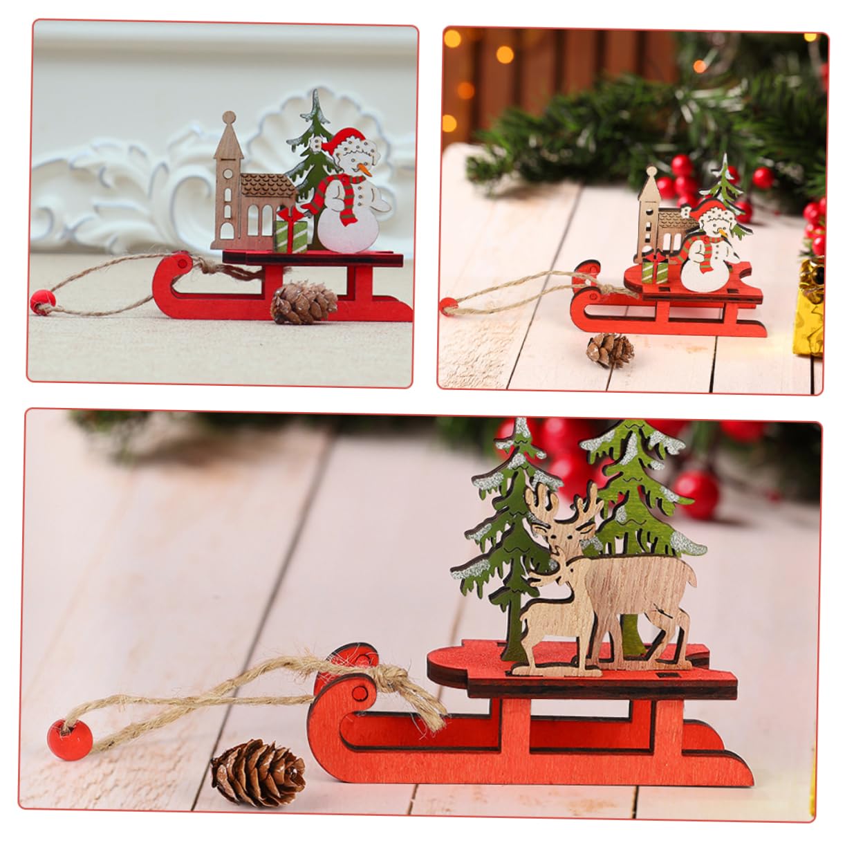Cabilock 3 Set Slitta Natalizia in Legno Figurine Scena Ornamenti Natalizi Decorazioni Di Halloween Appeso All'albero Di Natale Uomo Fiocco Di Neve Arredamento Autunno Bosso 3 Pezzi*3