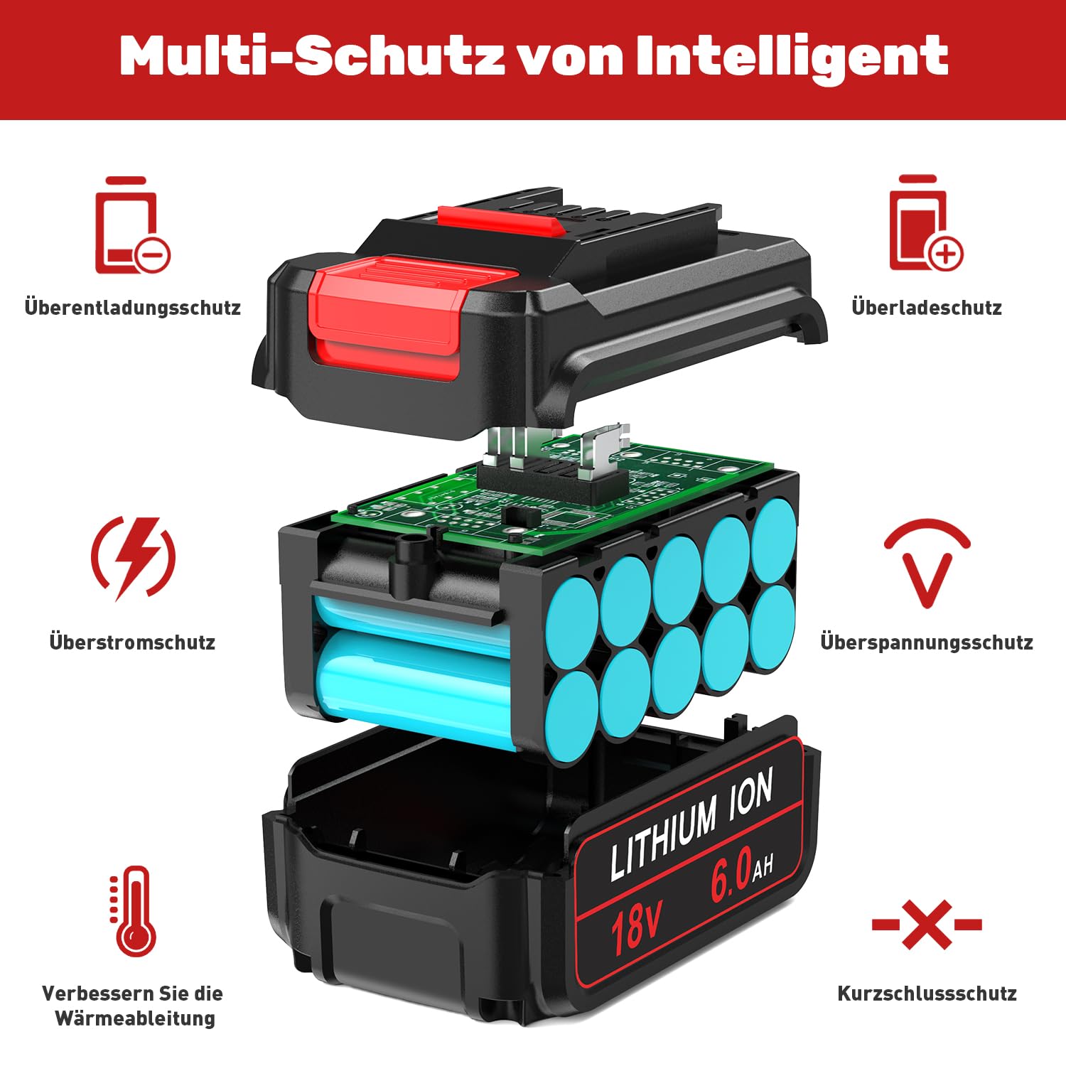 6,0Ah Ersatzakku Kompatibel mit Einhell, 18V 6000mA mit LED-Anzeige Kompatibel mit Allen 18V X-Change Family Werkzeugakkus Geräte(2 Stück)