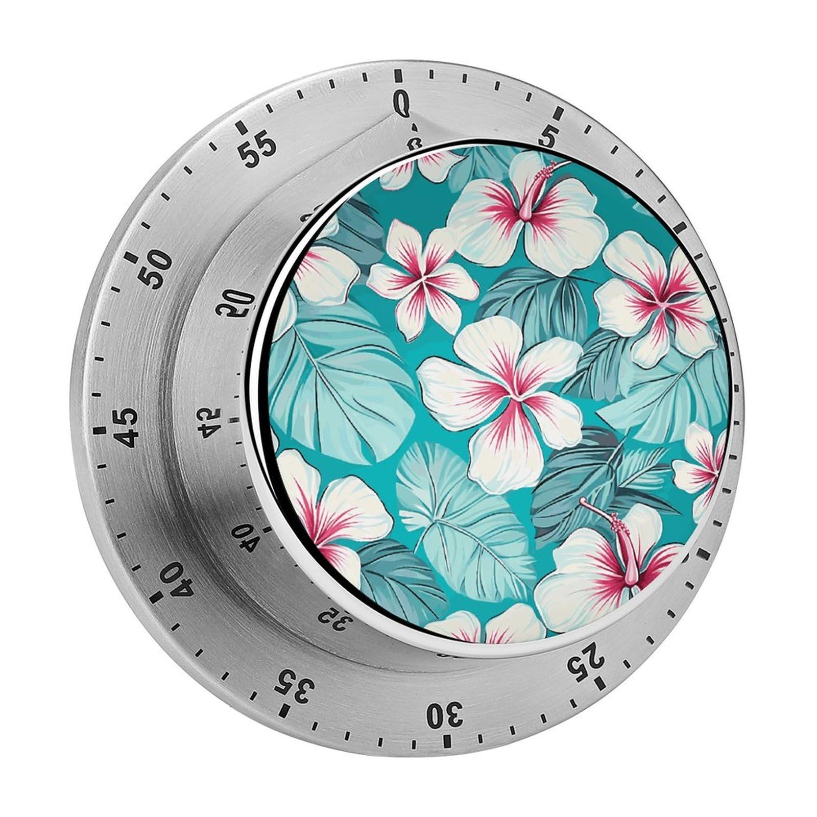 Tropical Hibiscus Flowers Visual Timer with Loud Alarm 60-Minute Kitchen Timers Exquisite Stainless Steel Body - Mechanical Desk Timer Countdown Clock for Cooking Chef Clock