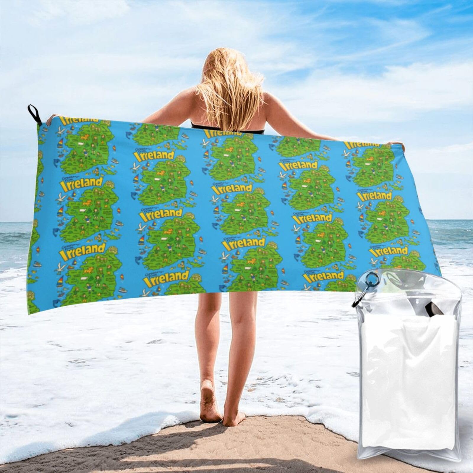 FHIZOAL Irish Map With Cartoon Charac Quick Dry Towel Microfibre Towel Super Absorbent Ultra Compact Gym Sports Beach Camping Travel