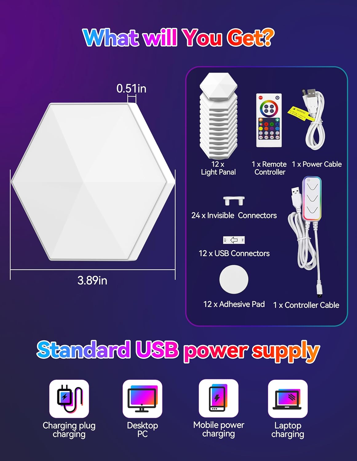 TECKNET Hexagon Light Panel - 12 Pack Smart APP RGB Hexagon LED Lights Wall Lights with Remote Control & Music Sync for Halloween Decor, Gaming Decor