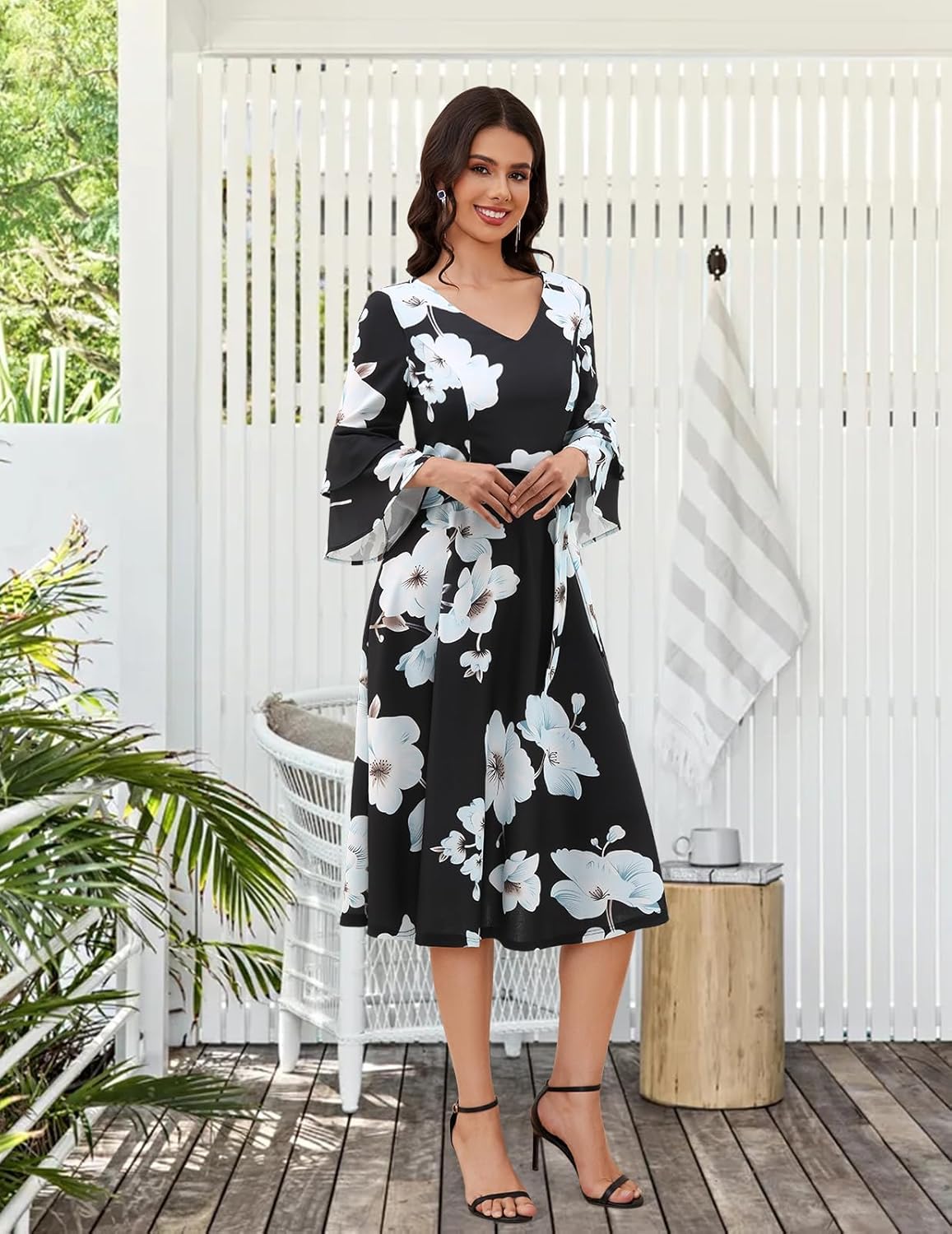 DRESSTELLS Women's Cocktail Dress 2026, A-Line Midi with 3/4 Bell Sleeves for Spring & Wedding Guest - S-3XL - Image 4