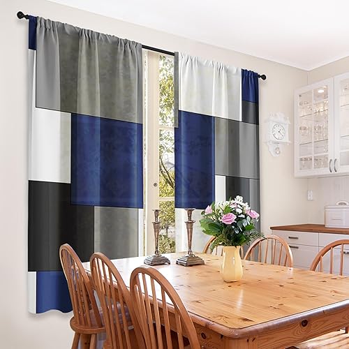 Vista 118 de Cortinas geométricas de cocina negras y grises de 63 pulgadas de largo, juego de 2, cortinas grises y blancas para dormitorio, sala de estar, Gris