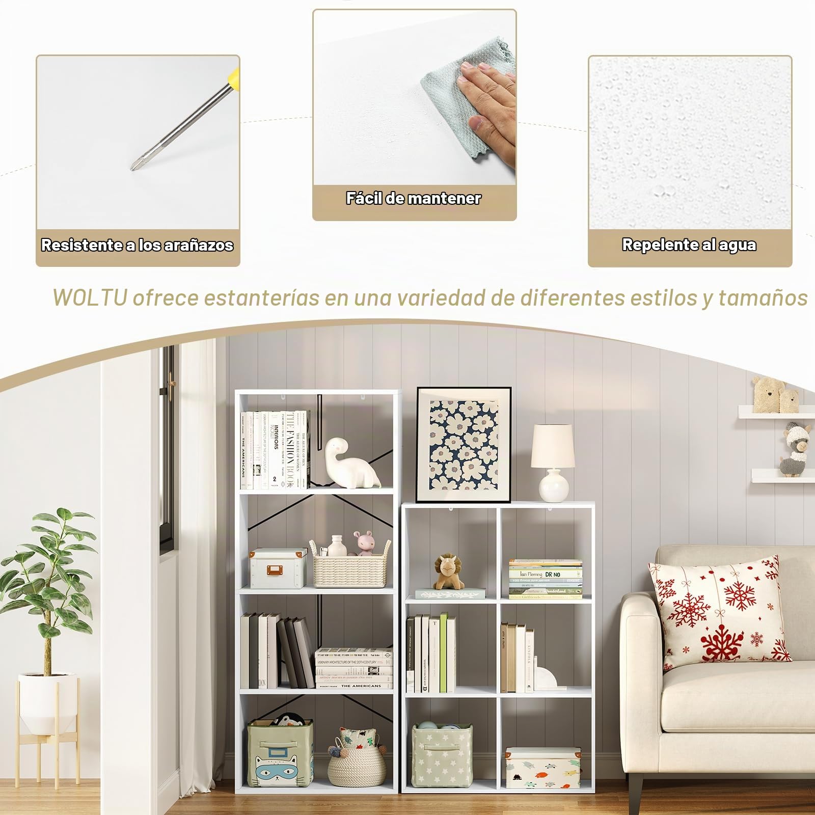 WOLTU Estanteria de Libros de 3 Niveles con 6 Cubos de Almacenamiento | para Salón, Dormitorio y Oficina, 71x29x106 cm, Blanca